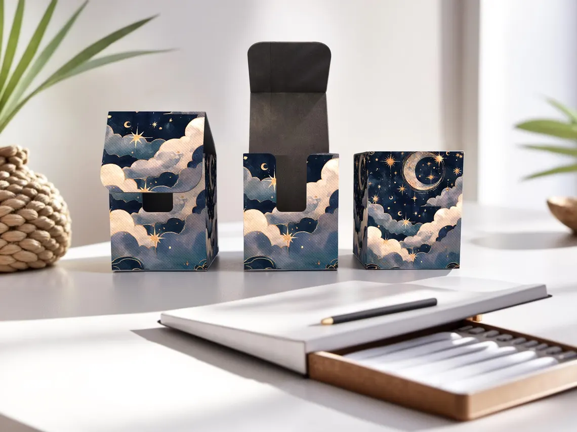 Blue And Gold Celestial Deck Box - Anime style, 200 Storage Collectible Deck Boxes, Custom Leather Deck Boxes