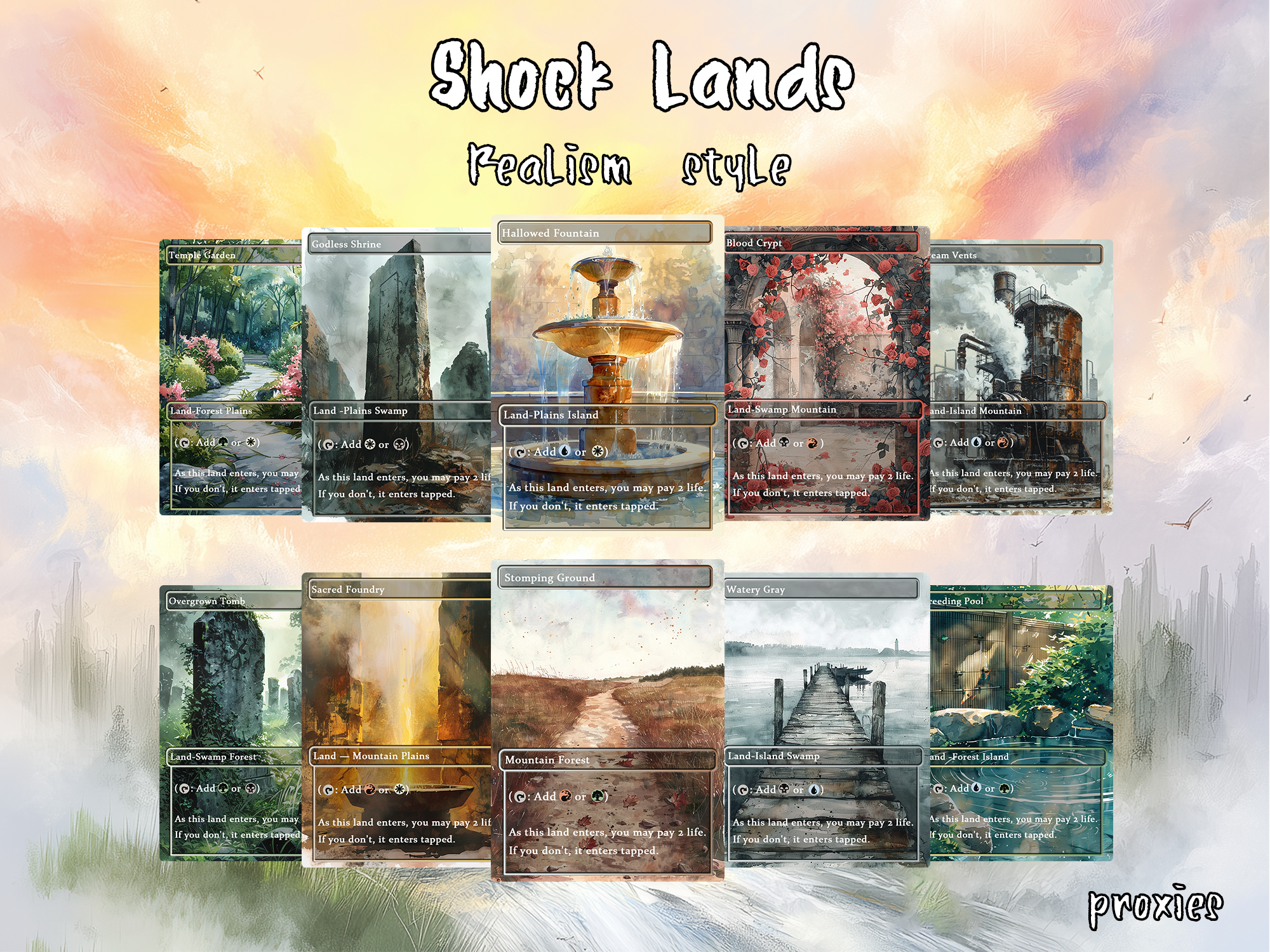 Realiem Art Style Mega Land pack, 50 unique borderless custom proxy lands High quality lands