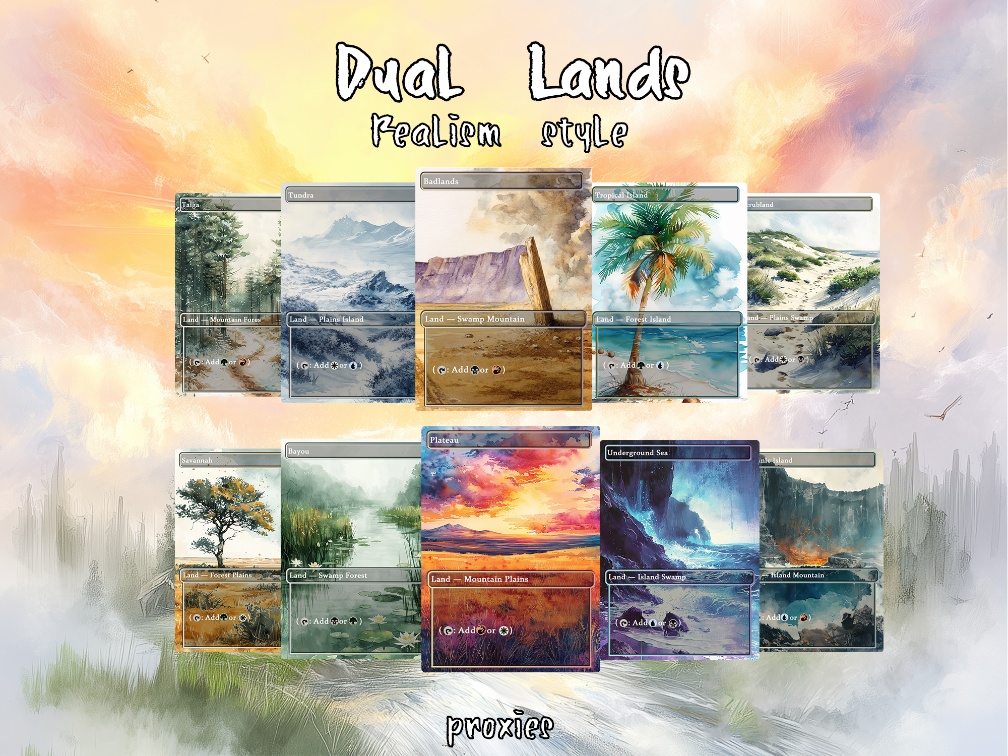 Realiem Art Style Mega Land pack, 50 unique borderless custom proxy lands High quality lands