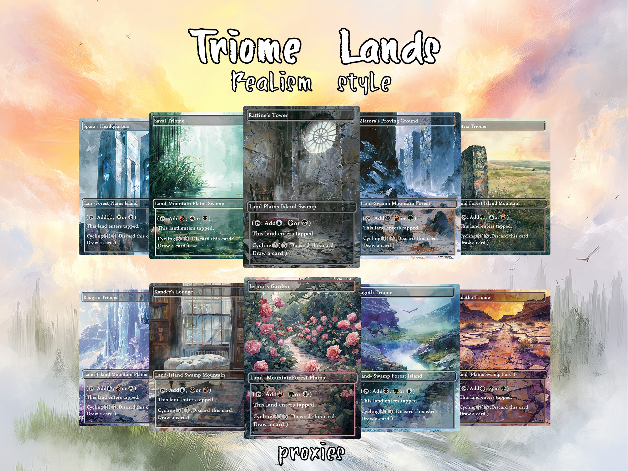 Realiem Art Style Mega Land pack, 50 unique borderless custom proxy lands High quality lands