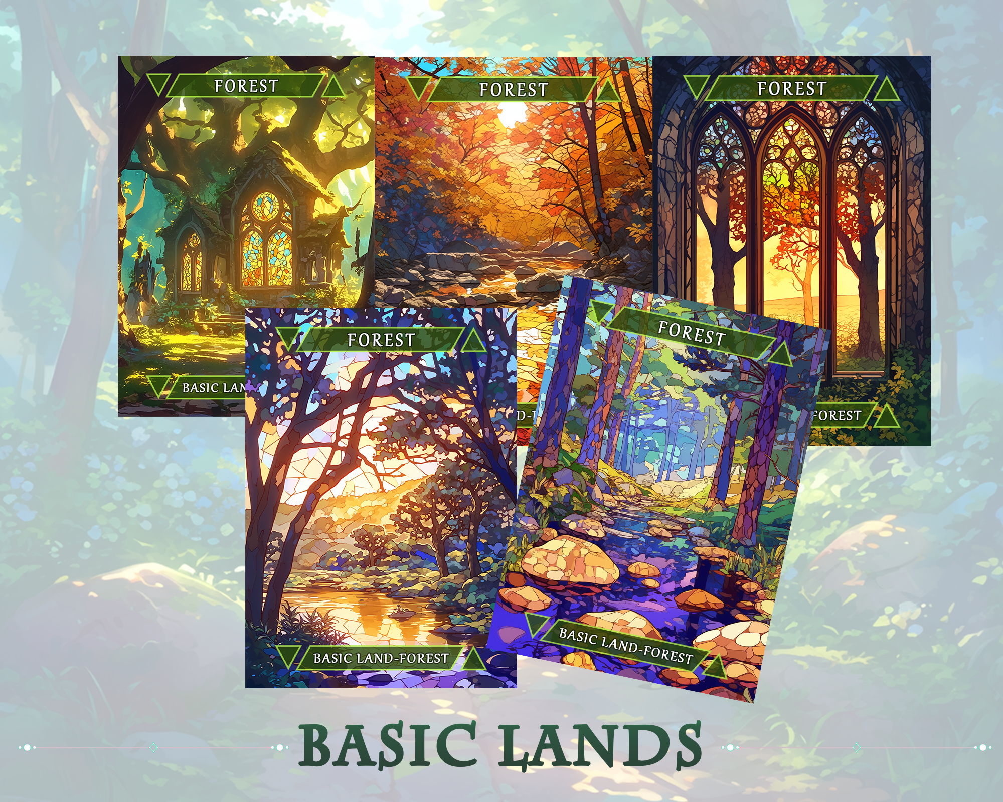 10 Stained Glass Forest Basic Lands, MTG Proxy Full Art Basic Lands, Custom Magic Cards for Commander EDH