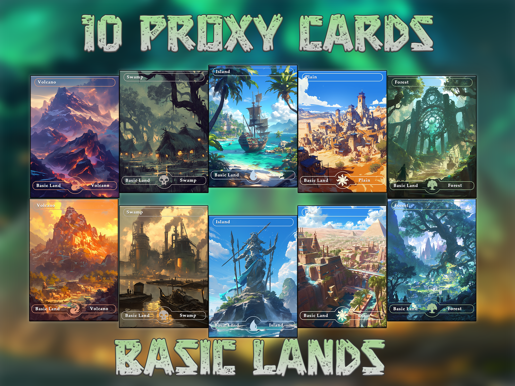10 Basic Land. 10 proxy cards for EDH. Enhance your MTG Commander Deck