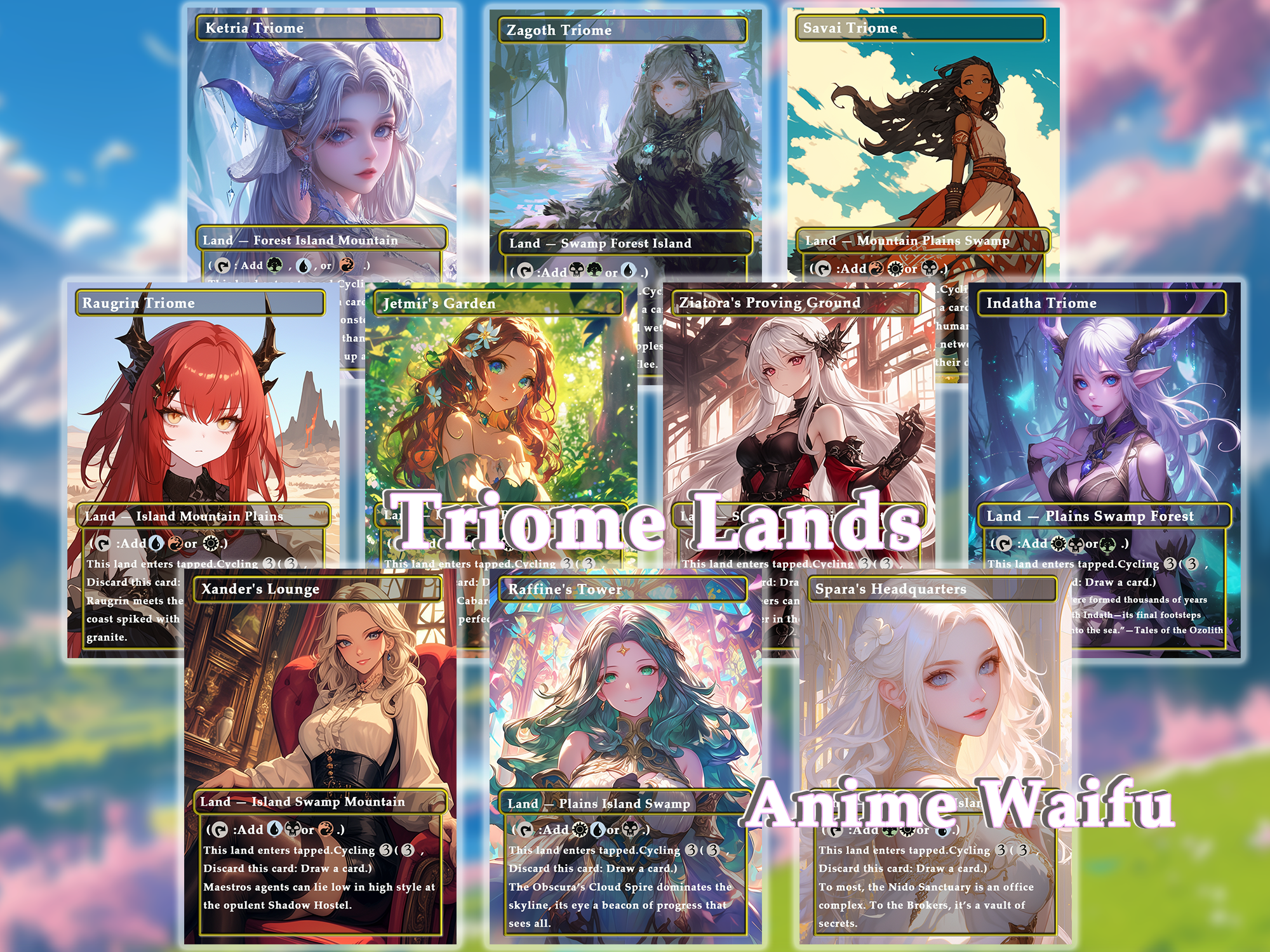 10 Triome land Anime Style, Proxy Lands Custom Magic Cards for Commander EDH/cEDH, Anime Waifu Proxy Cards