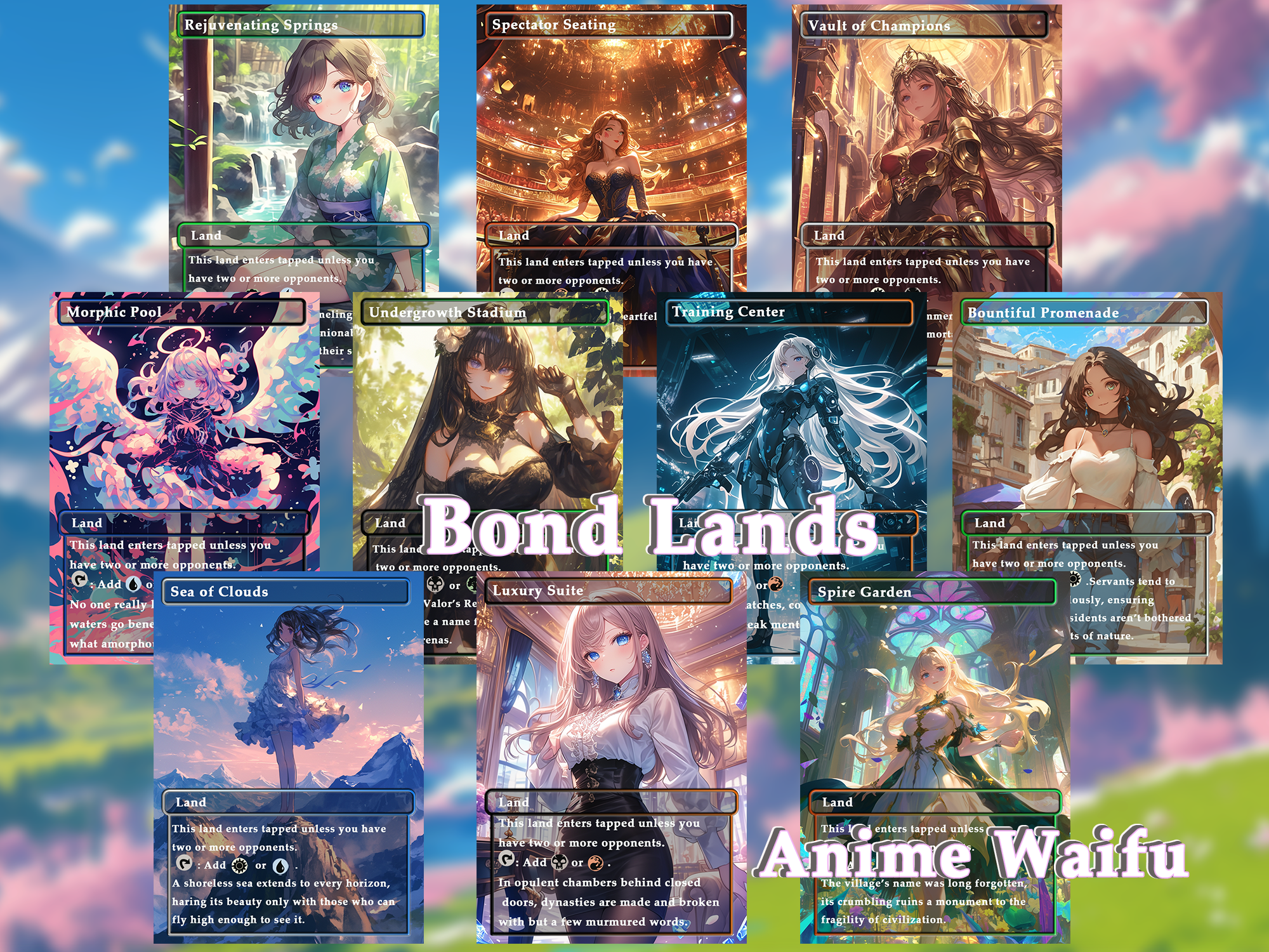 10 Bond land Anime Style, Proxy Lands Custom Magic Cards for Commander EDH/cEDH, Anime Waifu Proxy Cards