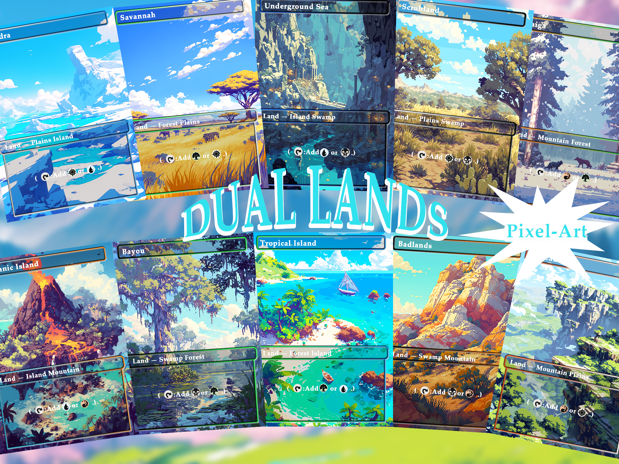 Dual land pack (10+ cards) Pixel-Art lands set of 10+ unique borderless custom proxy lands High quality lands for EDH or cEDH