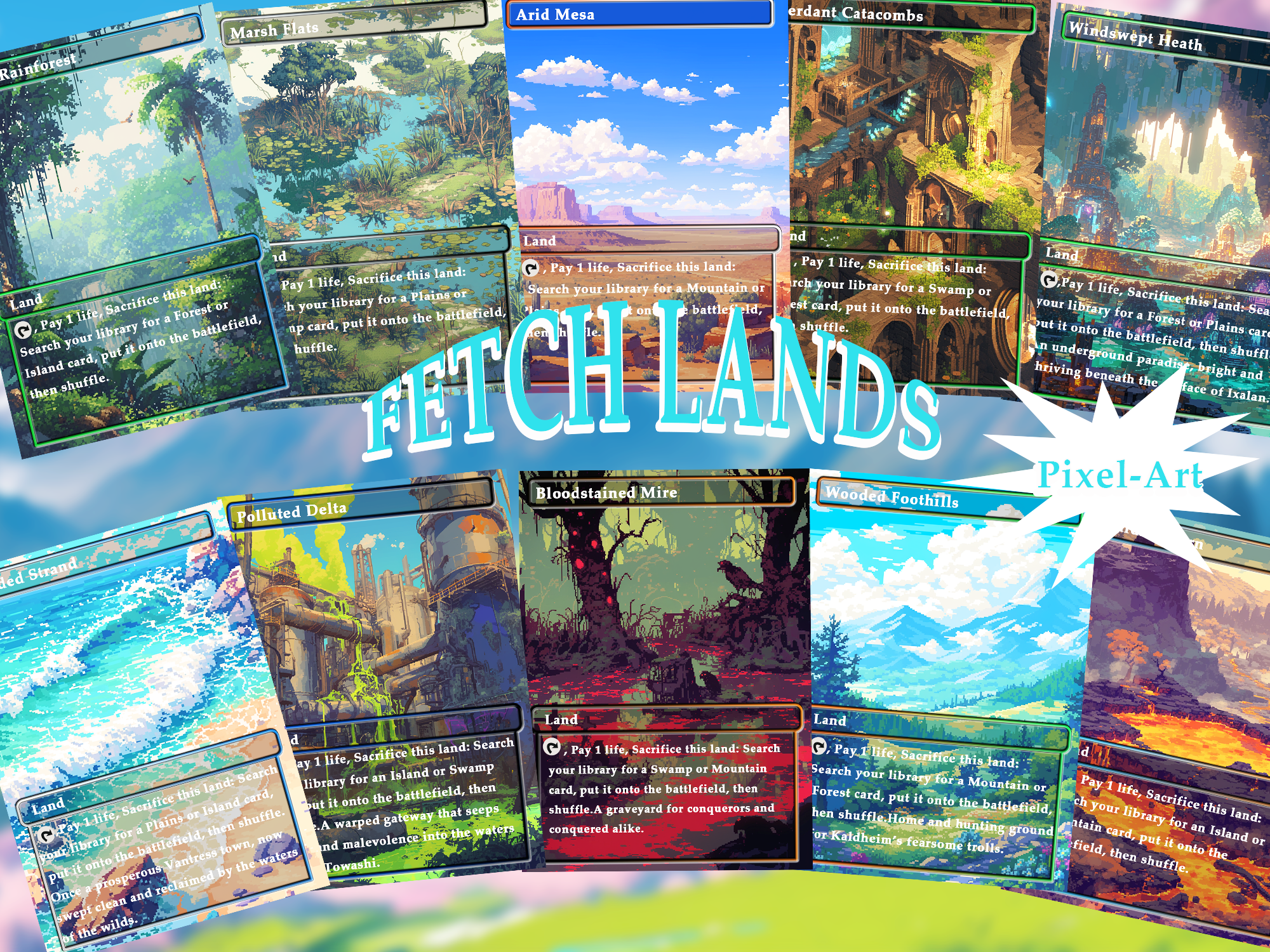 Fetch Lands pack (10+ cards) Pixel-Art lands set of 10+ unique borderless custom proxy lands High quality lands for EDH or cEDH