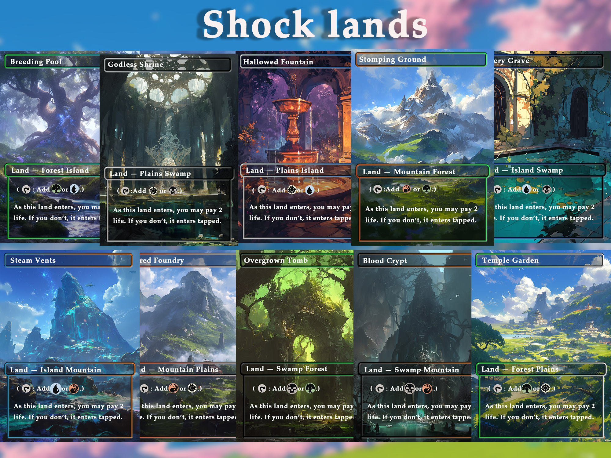 Shock land pack (10+ cards) Anime watercolour lands set of 10+ unique borderless custom proxy lands High quality lands for EDH or cEDH