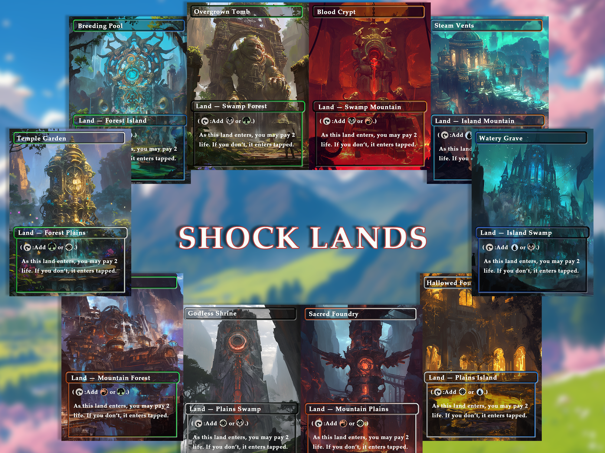 Shock land pack (10+ cards) Anime watercolour lands set of 10+ unique borderless custom proxy lands High quality lands for EDH or cEDH