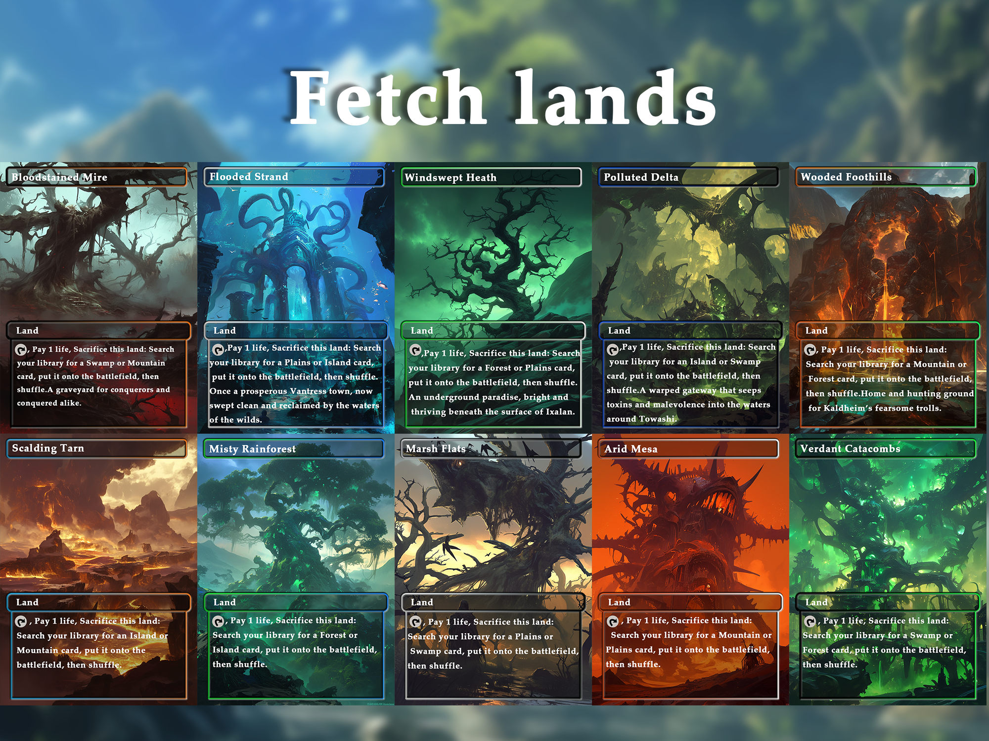 Fetch Lands pack (10+ cards) Anime watercolour lands set of 10+ unique borderless custom proxy lands High quality lands for EDH or cEDH