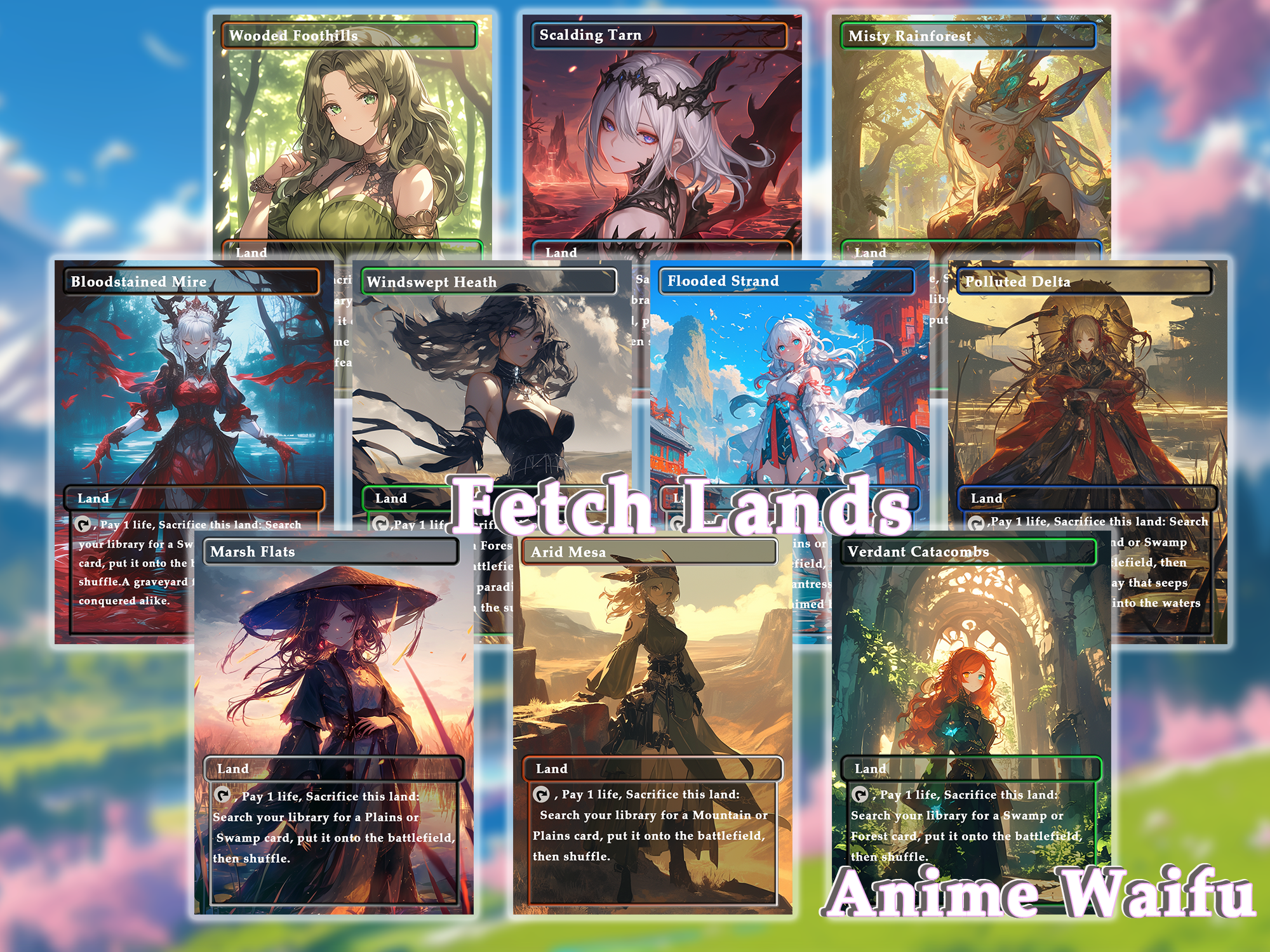 10 Fetch Lands Anime Style, Proxy Lands Custom Magic Cards for Commander EDH/cEDH, Anime Waifu Proxy Cards