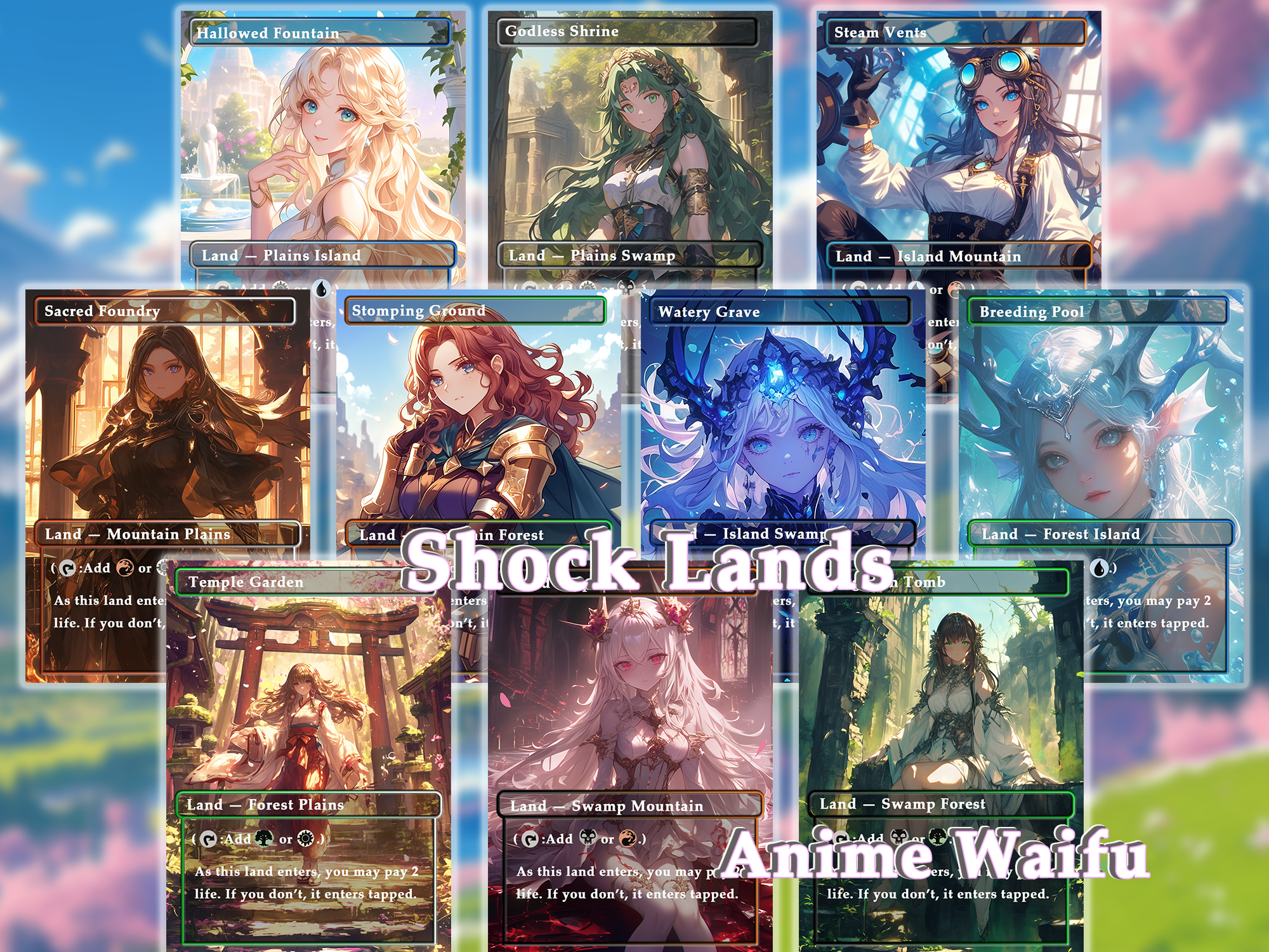 10 Shock Lands Anime Style, Proxy Lands Custom Magic Cards for Commander EDH/cEDH, Anime Waifu Proxy Cards
