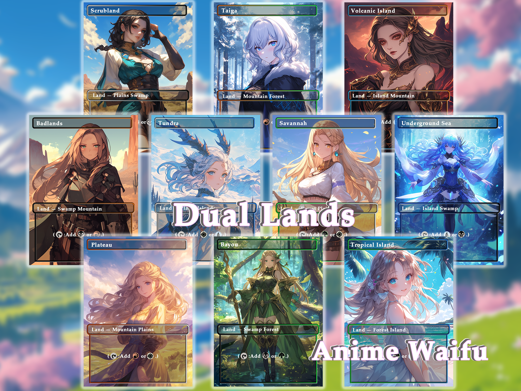 10 Dual Lands Anime Style, Proxy Lands Custom Magic Cards for Commander EDH/cEDH, Anime Waifu Proxy Cards