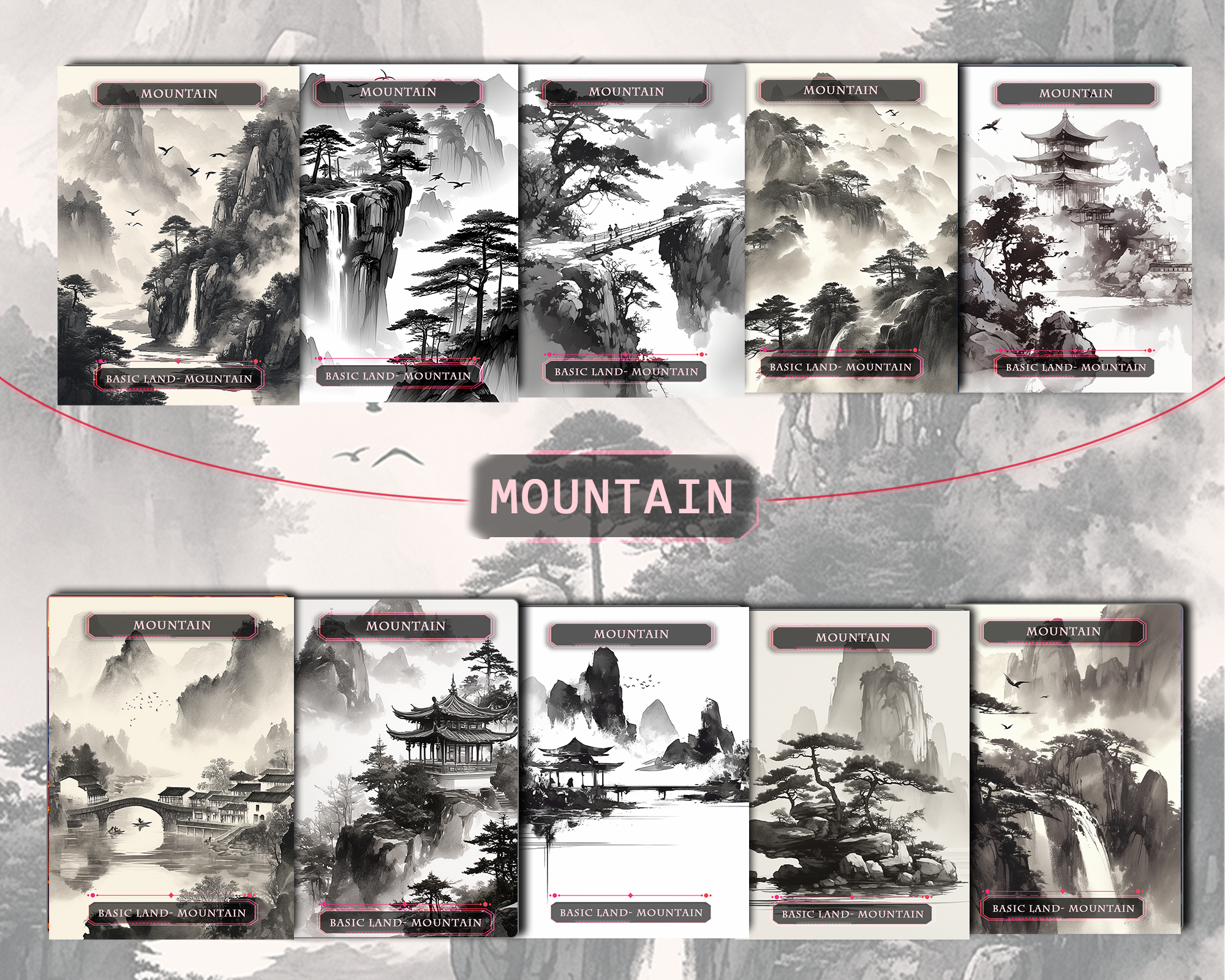 10 MTG Basic Lands Proxy, MTG Mountain Proxy, Custom Magic Cards for Commander EDH, Ancient Chinese Ink Style
