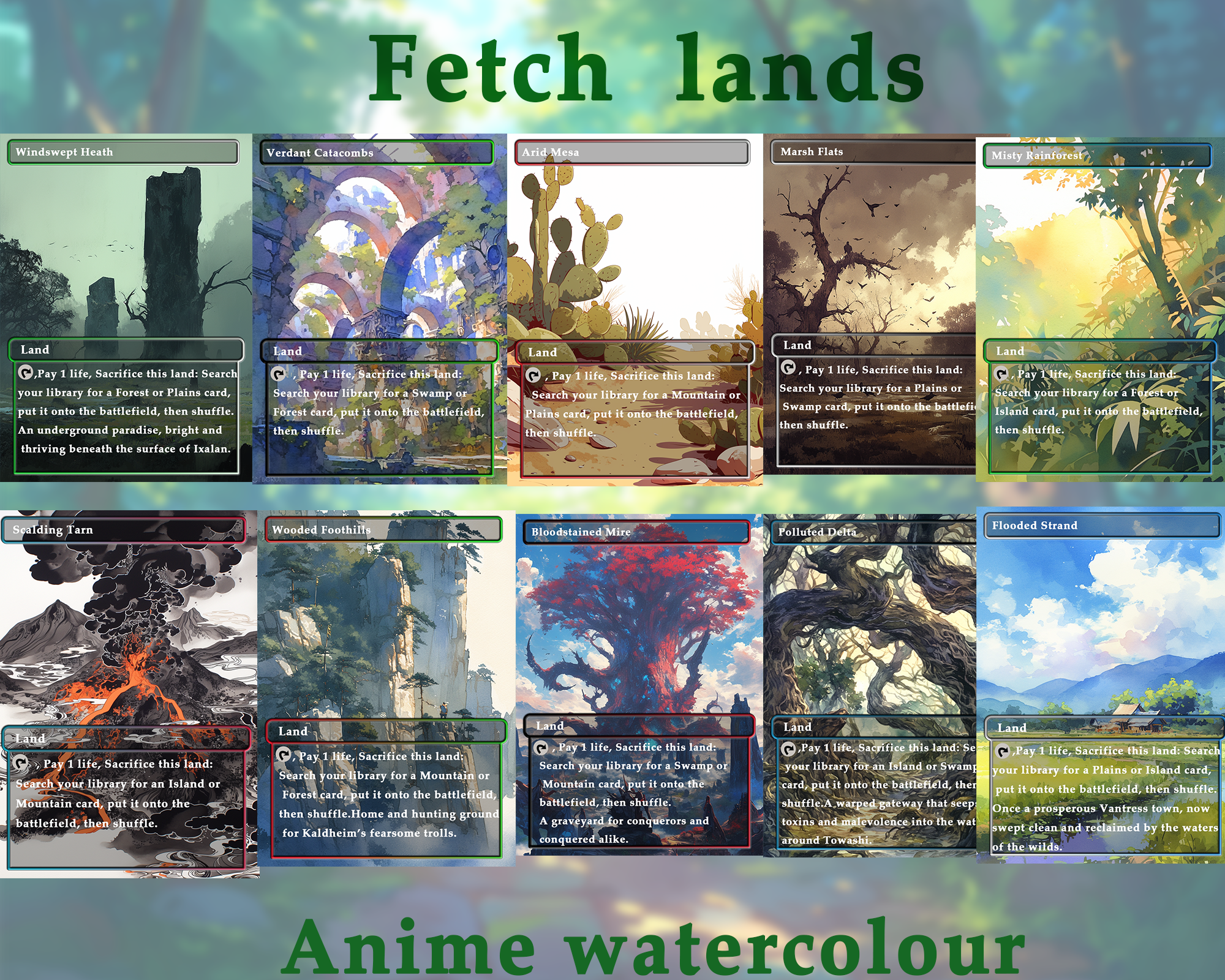 Fetch Lands pack (10+ cards) Anime watercolour lands set of 10+ unique borderless custom MTG proxy lands High quality lands for EDH or cEDH