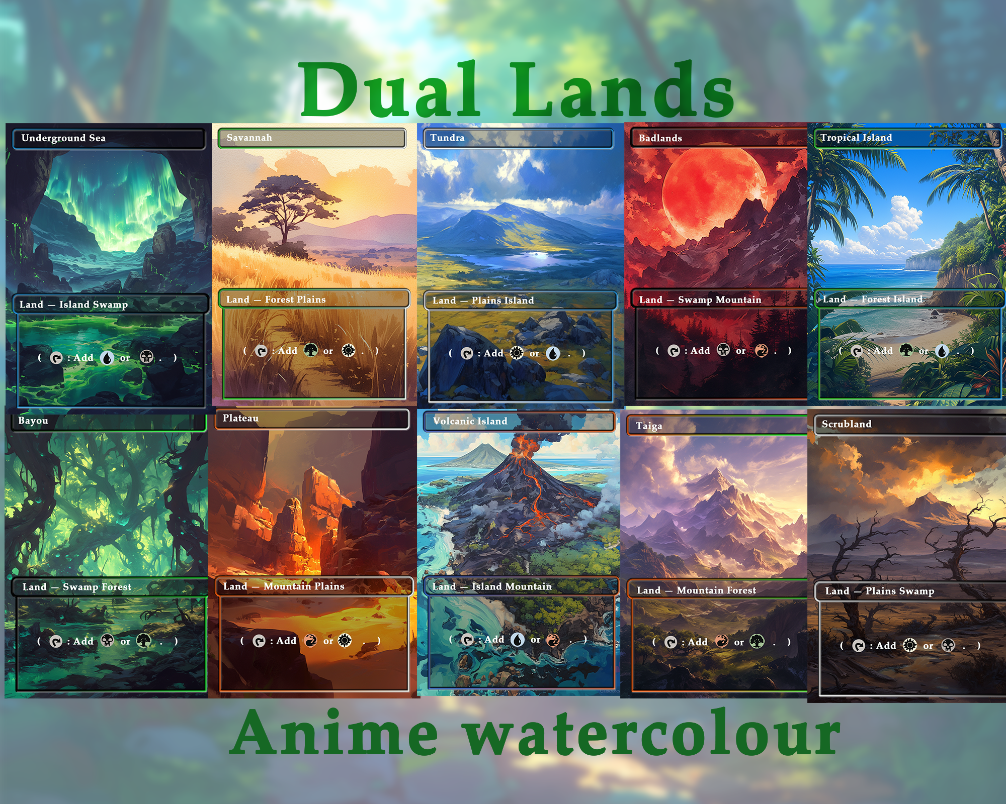 Dual land pack (10+ cards) Anime watercolour lands set of 10+ unique borderless custom MTG proxy lands High quality lands for EDH or cEDH