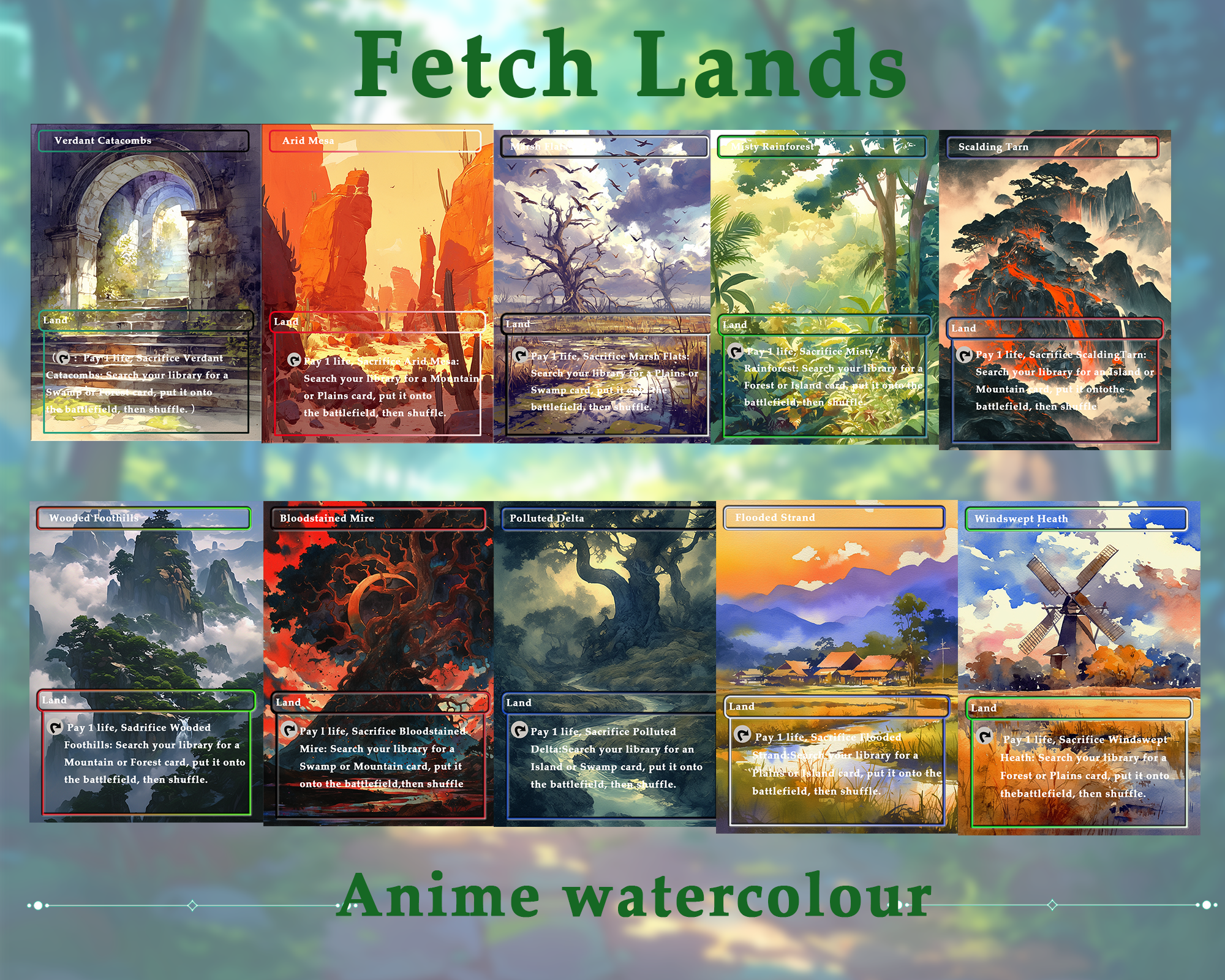 Fetch Lands pack (10+ cards) Anime watercolour lands set of 10+ unique borderless custom MTG proxy lands High quality lands for EDH or cEDH