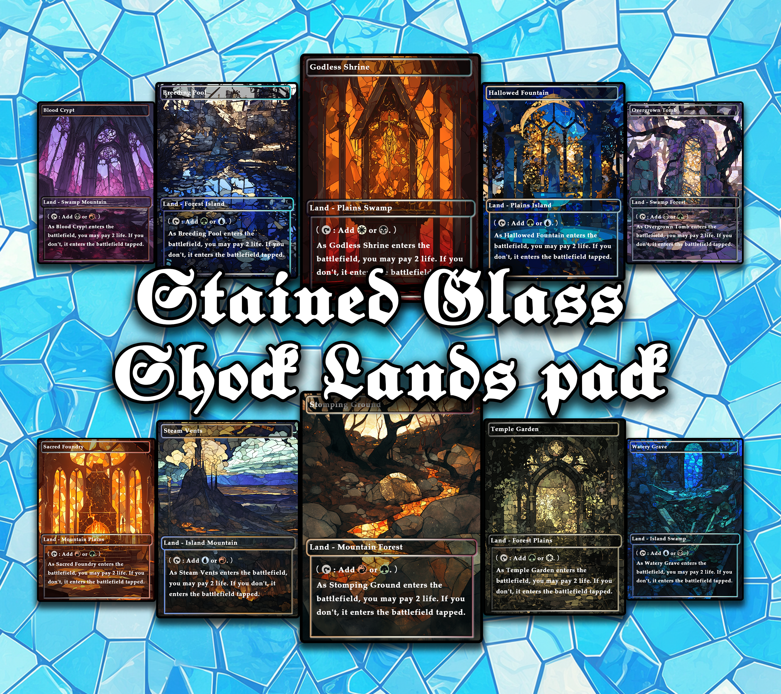 10 Stained Glass Shock lands pad, Proxy Lands Custom Magic Cards
