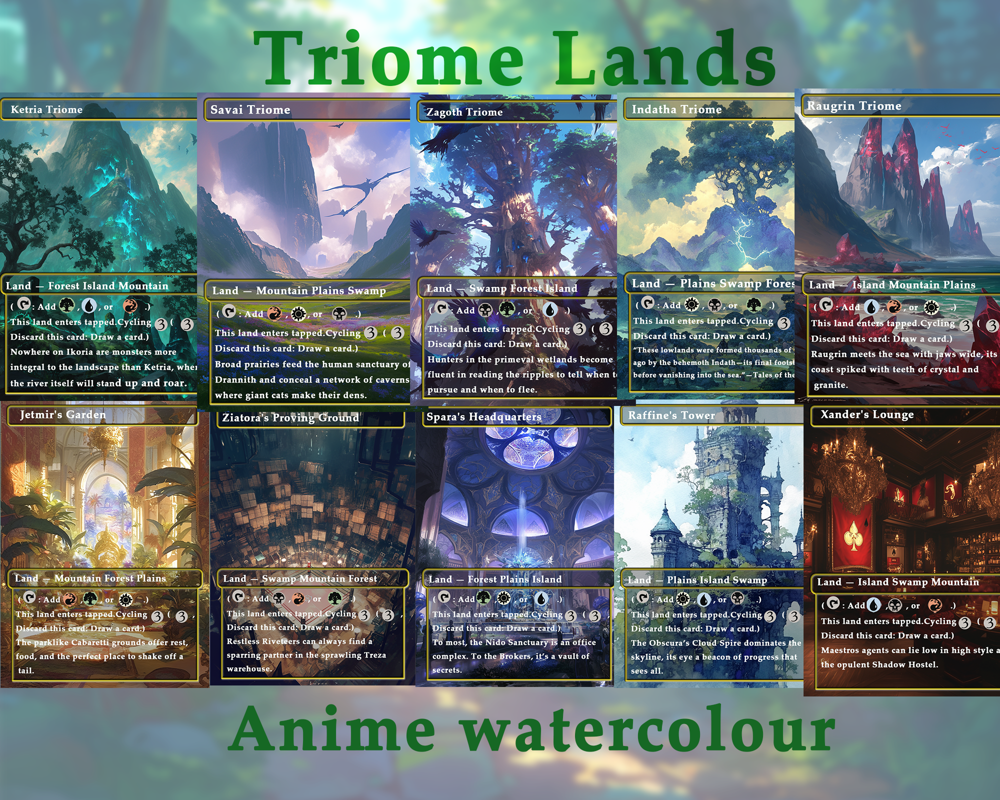 Triome land pack (10+ cards) Anime watercolour lands set of 10+ unique borderless custom MTG proxy lands High quality lands for EDH or cEDH