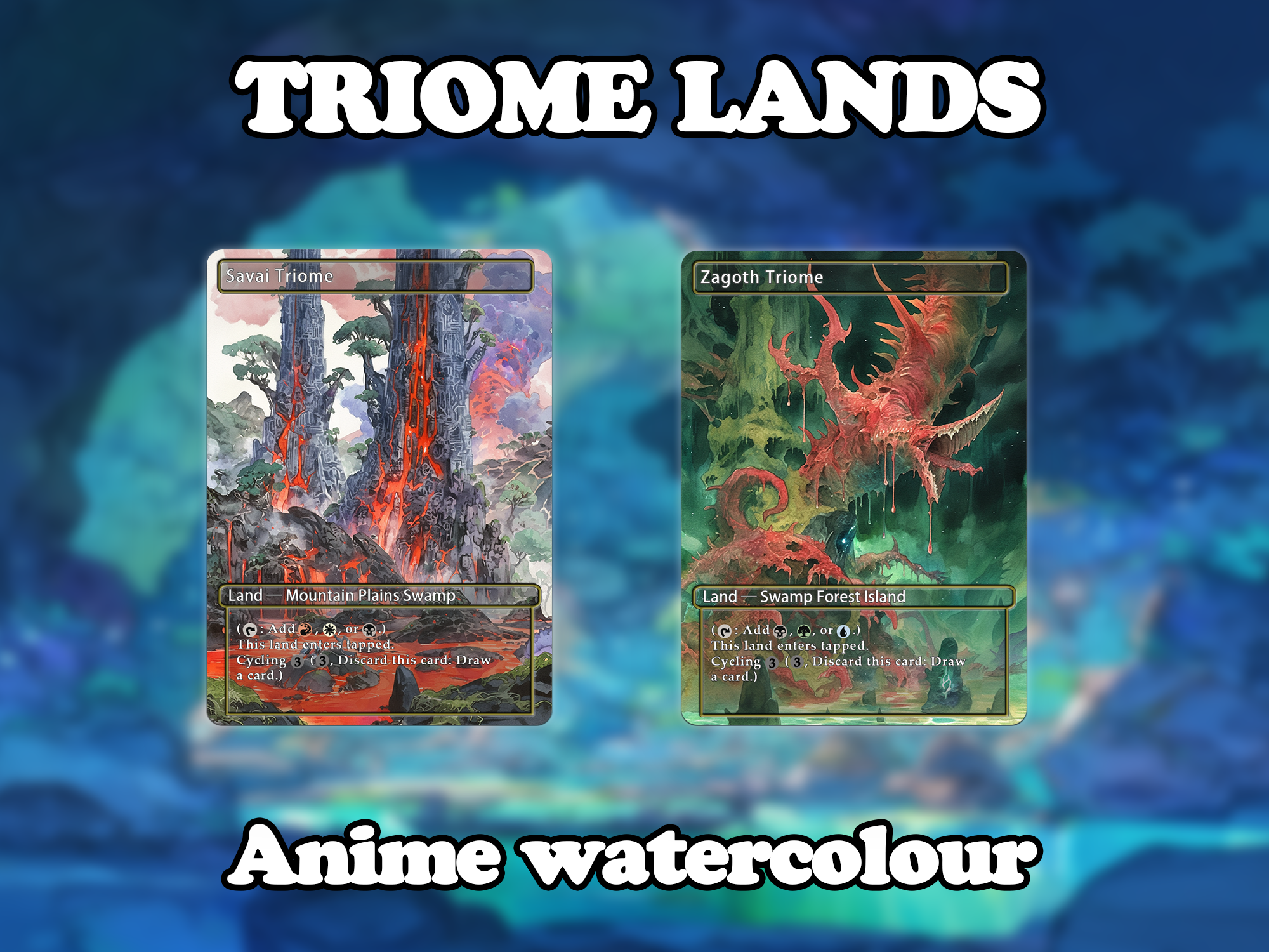 Triome land pack (10 cards) Anime watercolour lands set of 10 unique borderless custom proxy lands High quality lands for EDH or cEDH