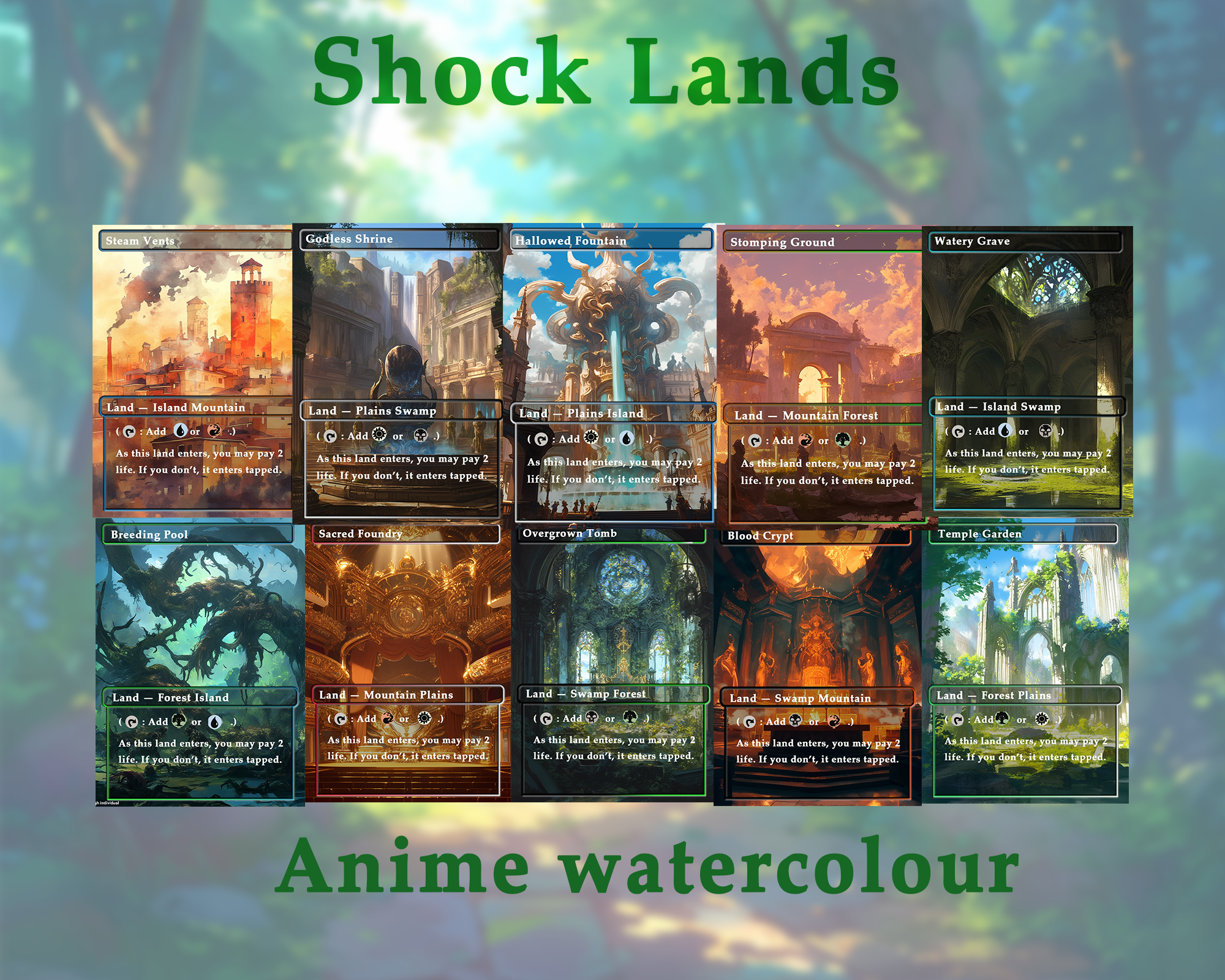 Shock land pack (10+ cards) Anime watercolour lands set of 10+ unique borderless custom MTG proxy lands High quality lands for EDH or cEDH