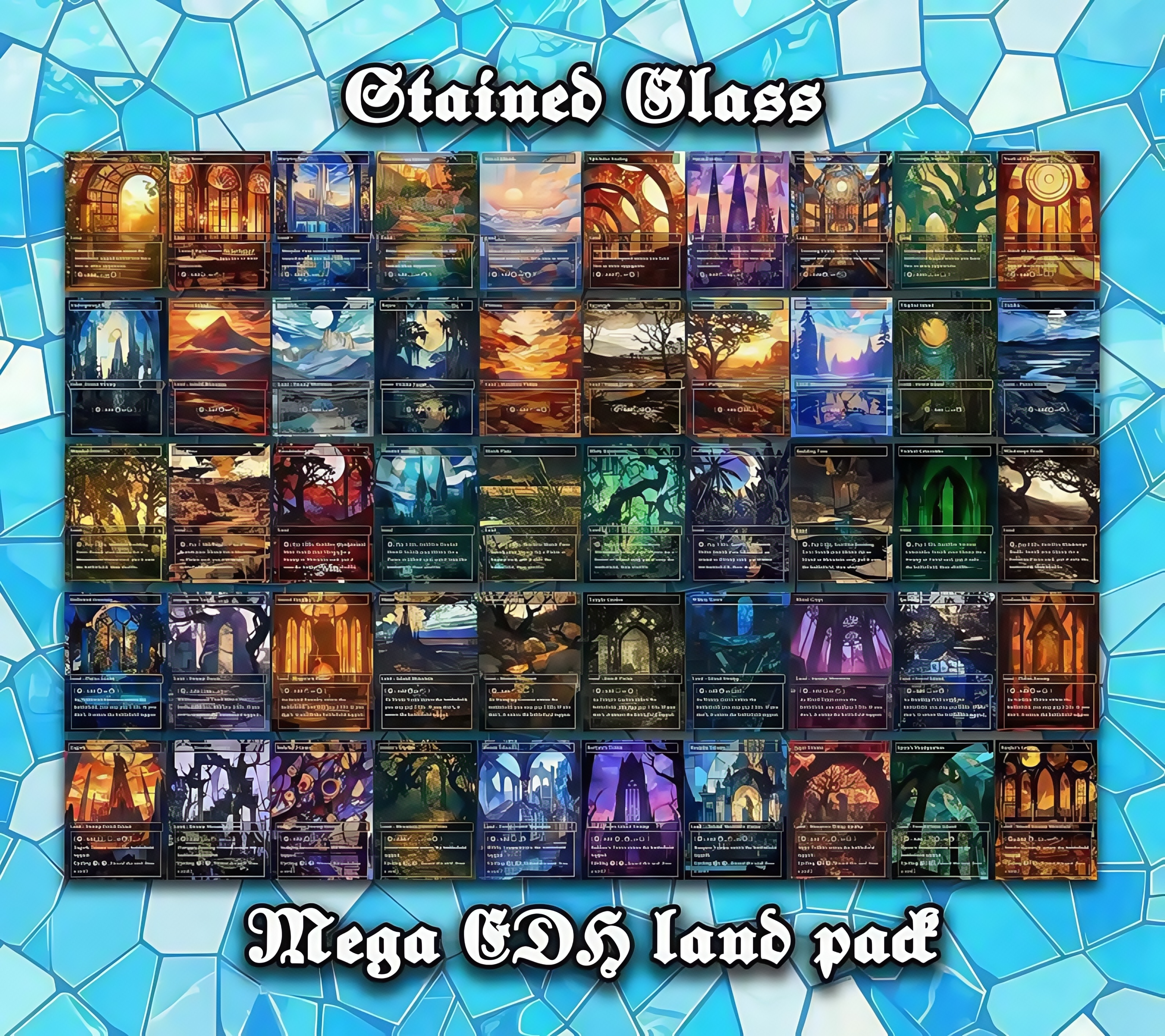Stained Glass Style Mega Land pack, 50 unique borderless custom proxy lands High quality lands
