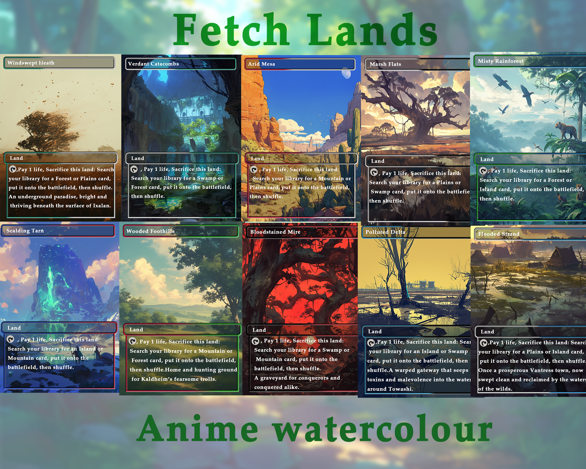 Fetch Lands pack (10+ cards) Anime watercolour lands set of 10+ unique borderless custom MTG proxy lands High quality lands for EDH or cEDH