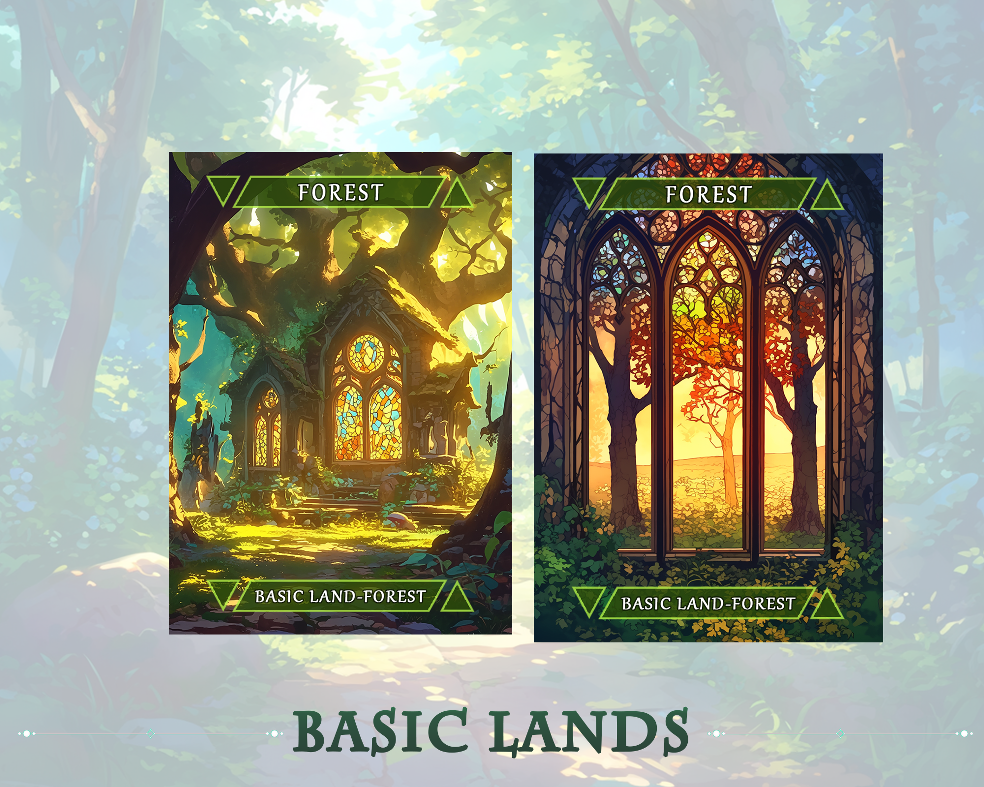 10 Stained Glass Forest Basic Lands, MTG Proxy Full Art Basic Lands, Custom Magic Cards for Commander EDH