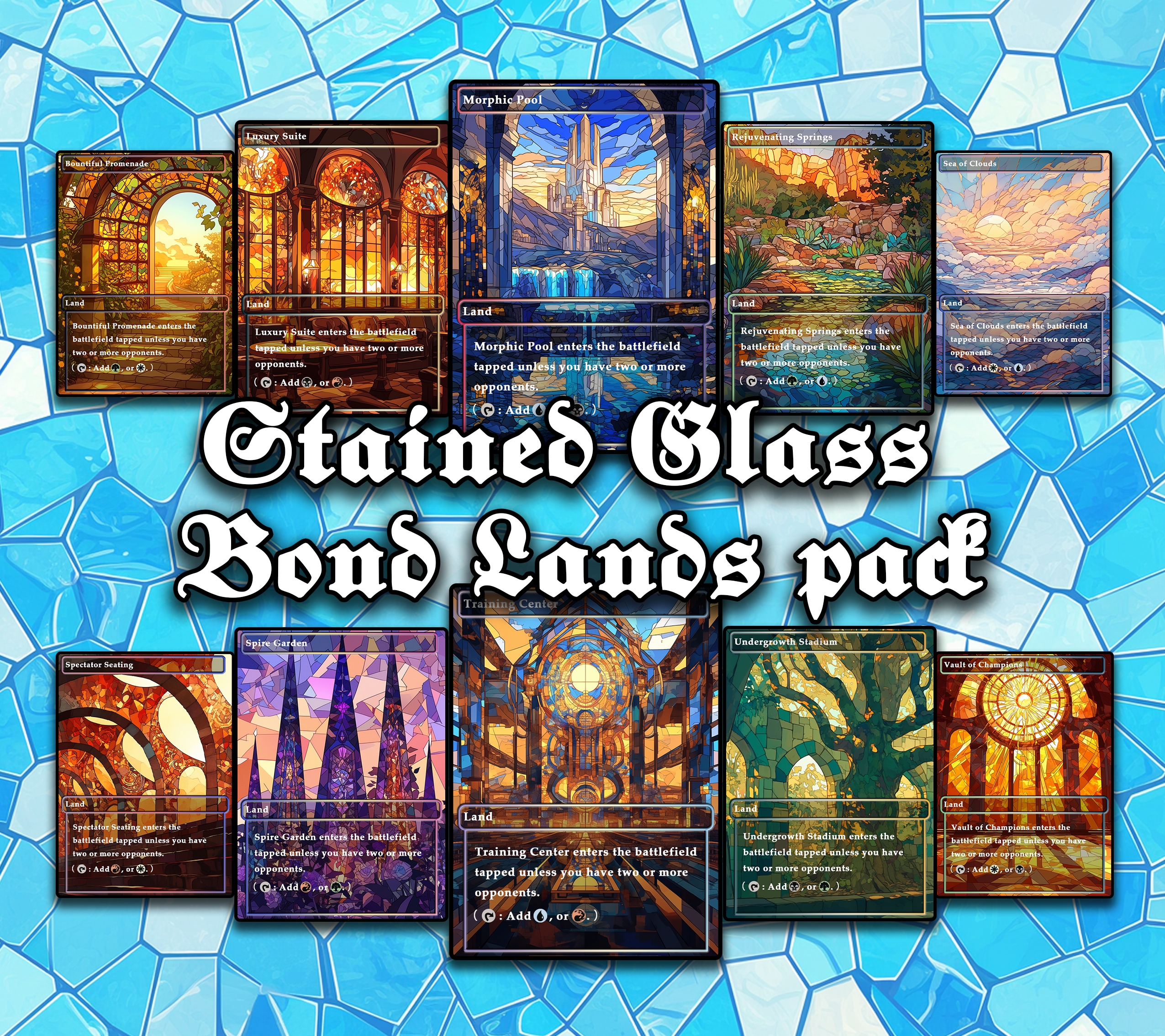 Stained Glass Style Mega Land pack, 50 unique borderless custom proxy lands High quality lands