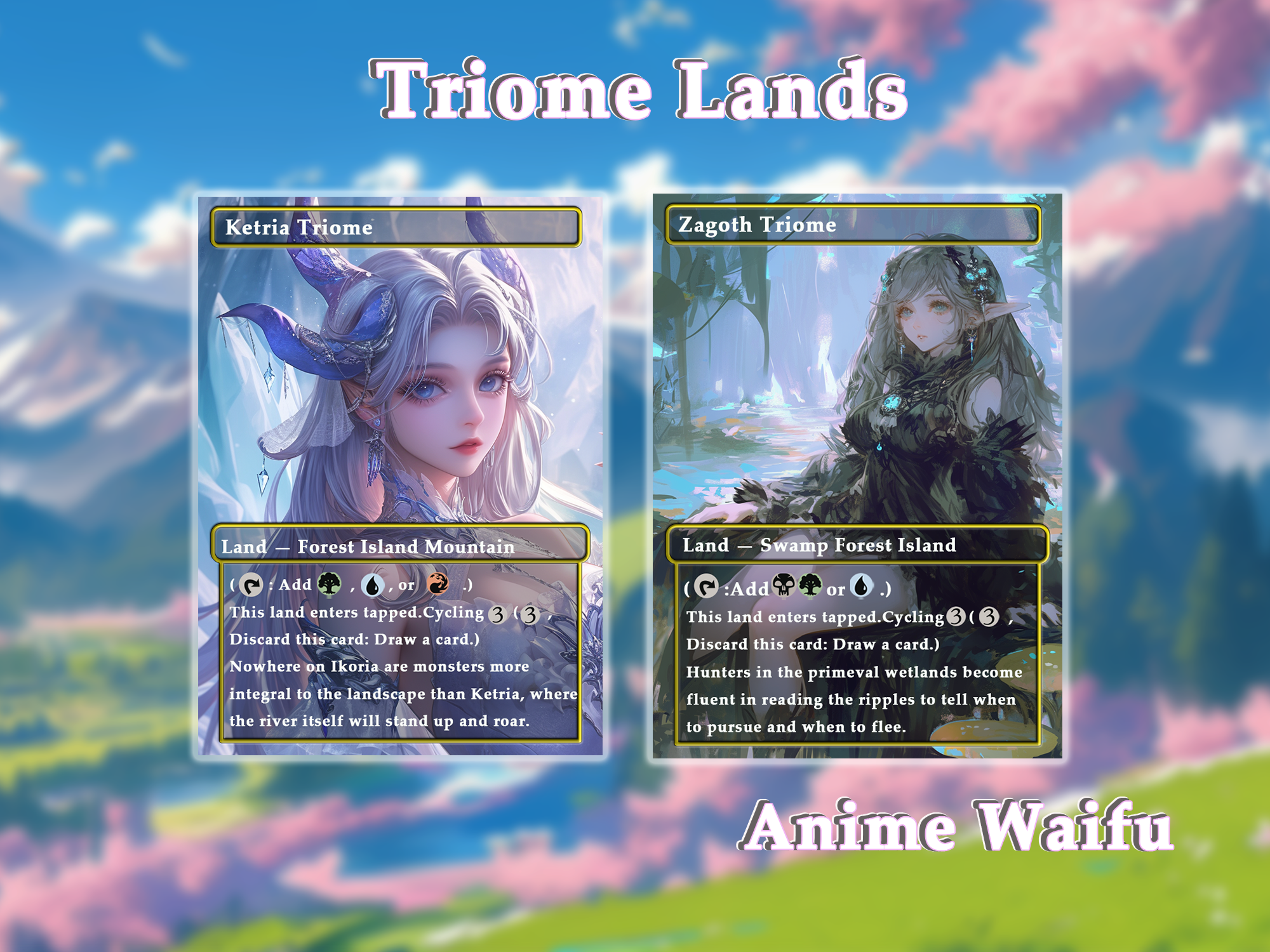 10 Triome land Anime Style, Proxy Lands Custom Magic Cards for Commander EDH/cEDH, Anime Waifu Proxy Cards