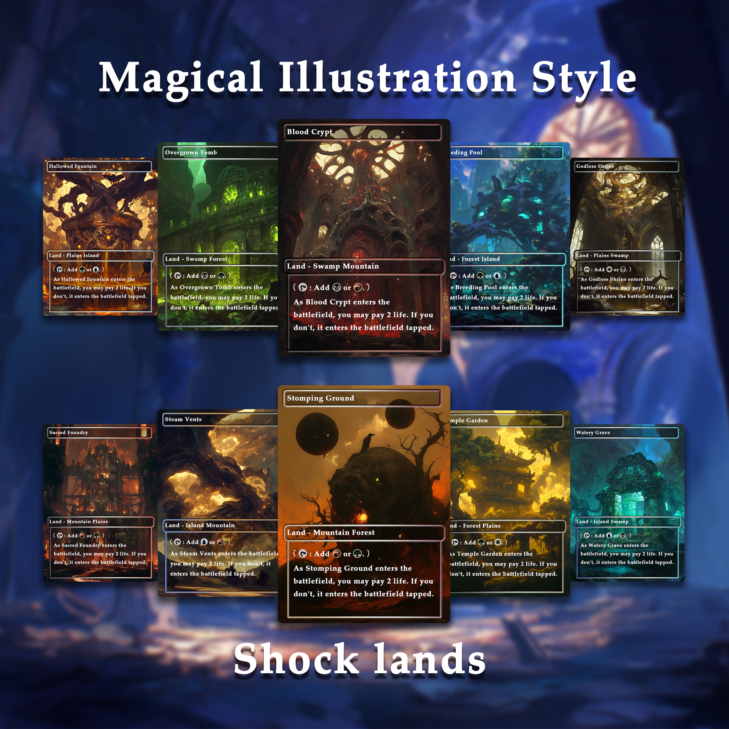 Mega EDH land pack Magical lllustration Style lands set of 50 unique borderless custom proxy lands High quality lands for EDH or EDH