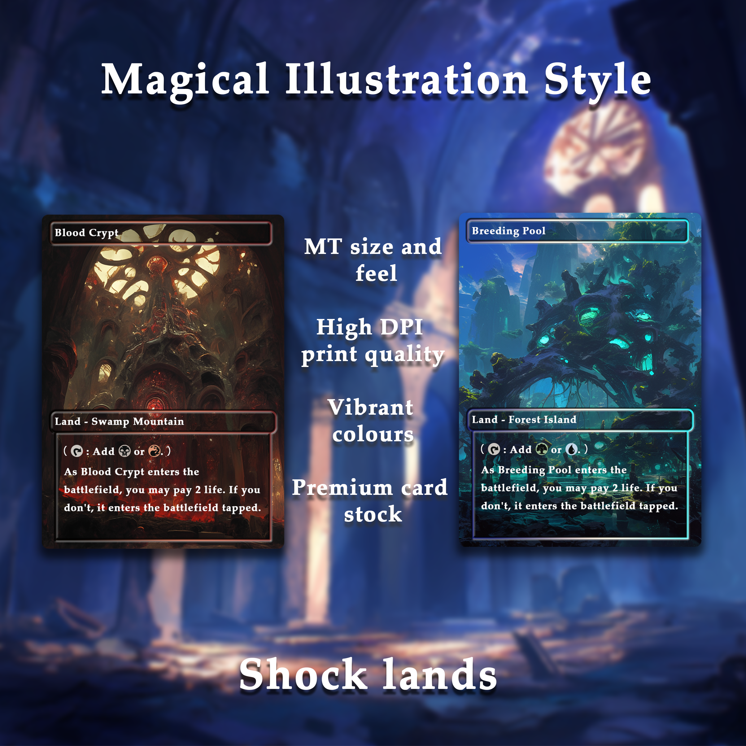Mega EDH land pack Magical Illustration Style shock lands set of 10 unique borderless custom proxy lands High quality lands for EDH or cEDH