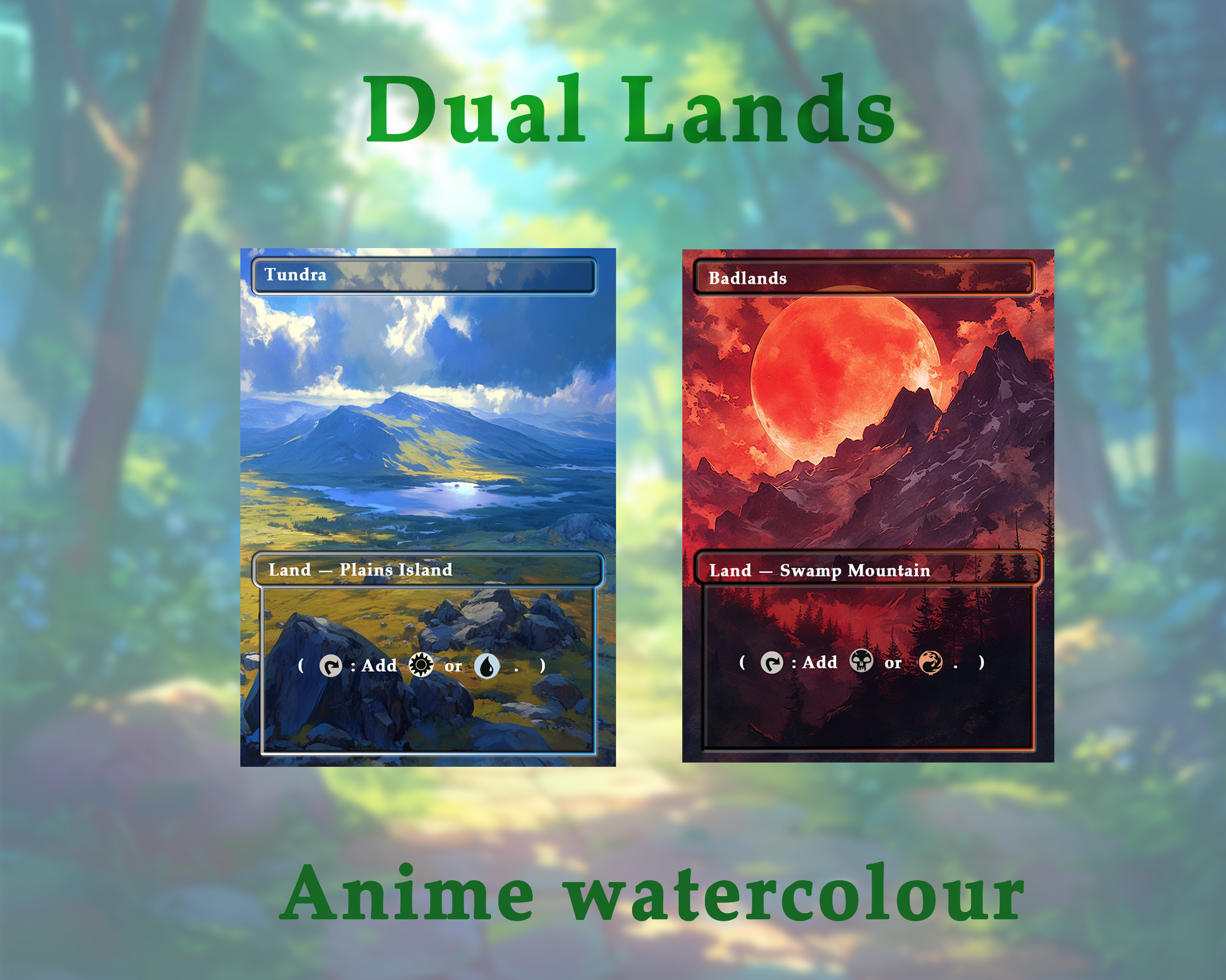 Dual land pack (10+ cards) Anime watercolour lands set of 10+ unique borderless custom MTG proxy lands High quality lands for EDH or cEDH