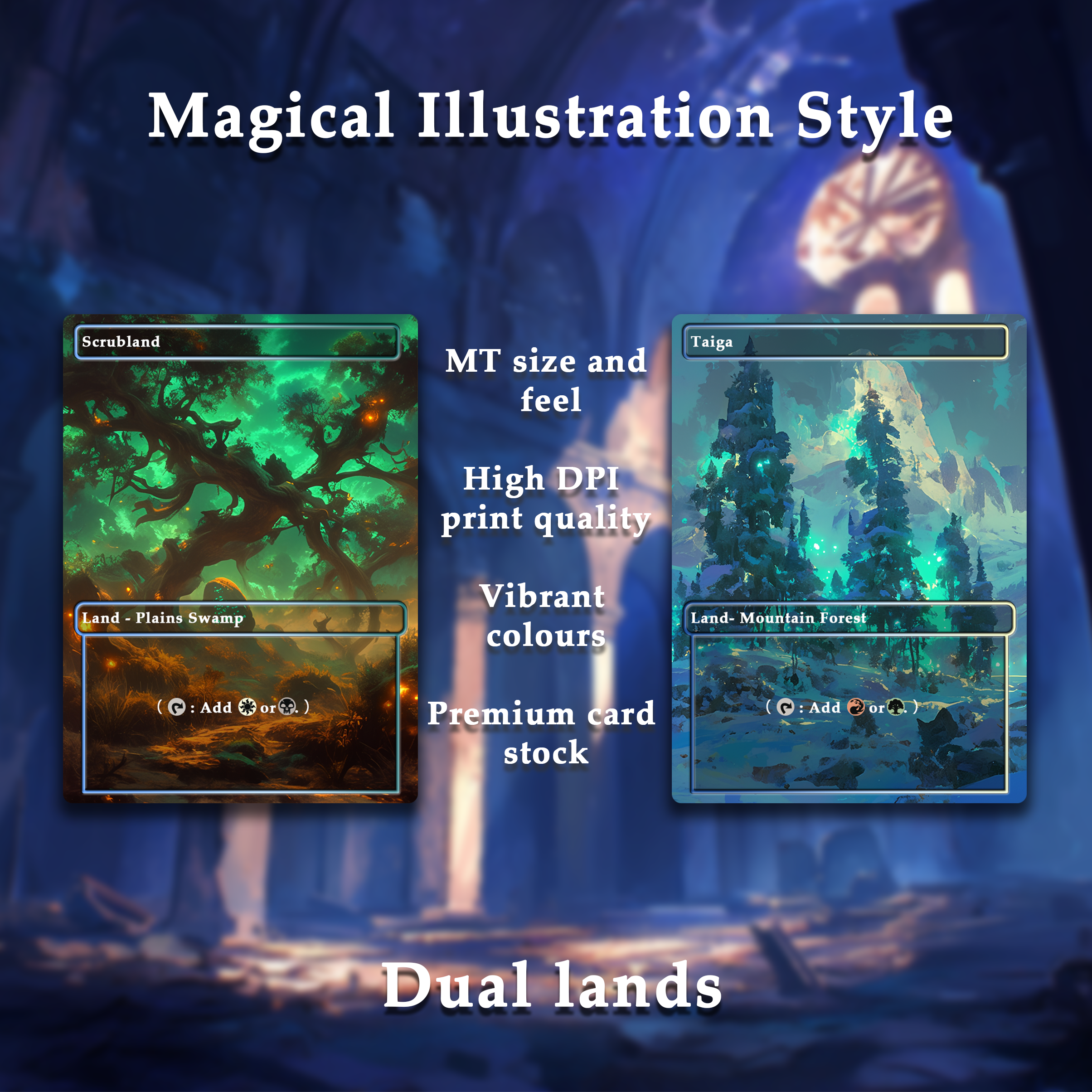Mega EDH land pack Magical Illustration Style dual lands set of 10 unique borderless custom proxy lands High quality lands for EDH or cEDH