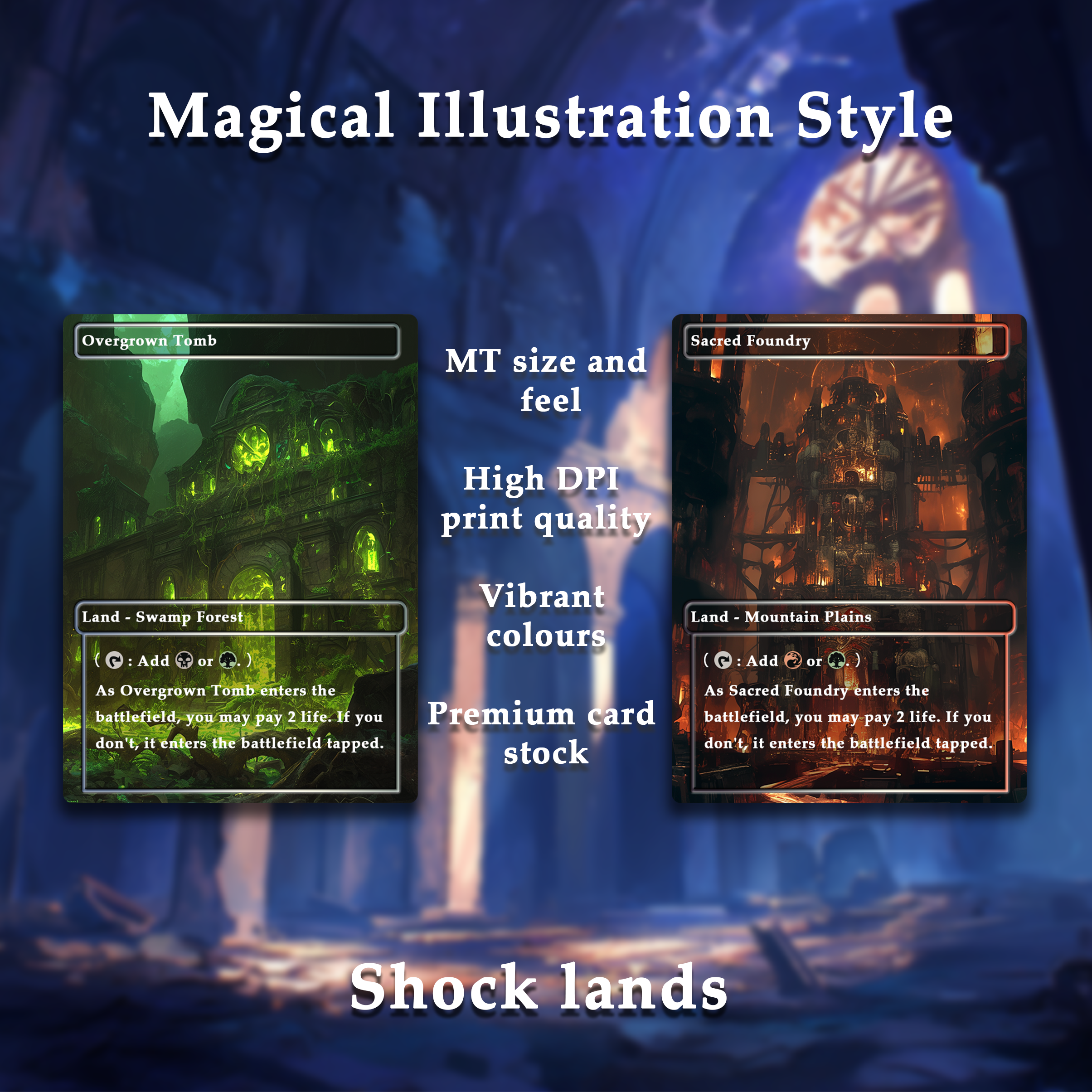 Mega EDH land pack Magical Illustration Style shock lands set of 10 unique borderless custom proxy lands High quality lands for EDH or cEDH
