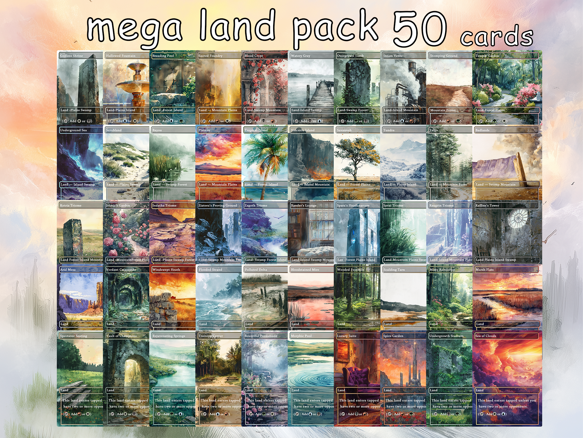 Realiem Art Style Mega Land pack, 50 unique borderless custom proxy lands High quality lands