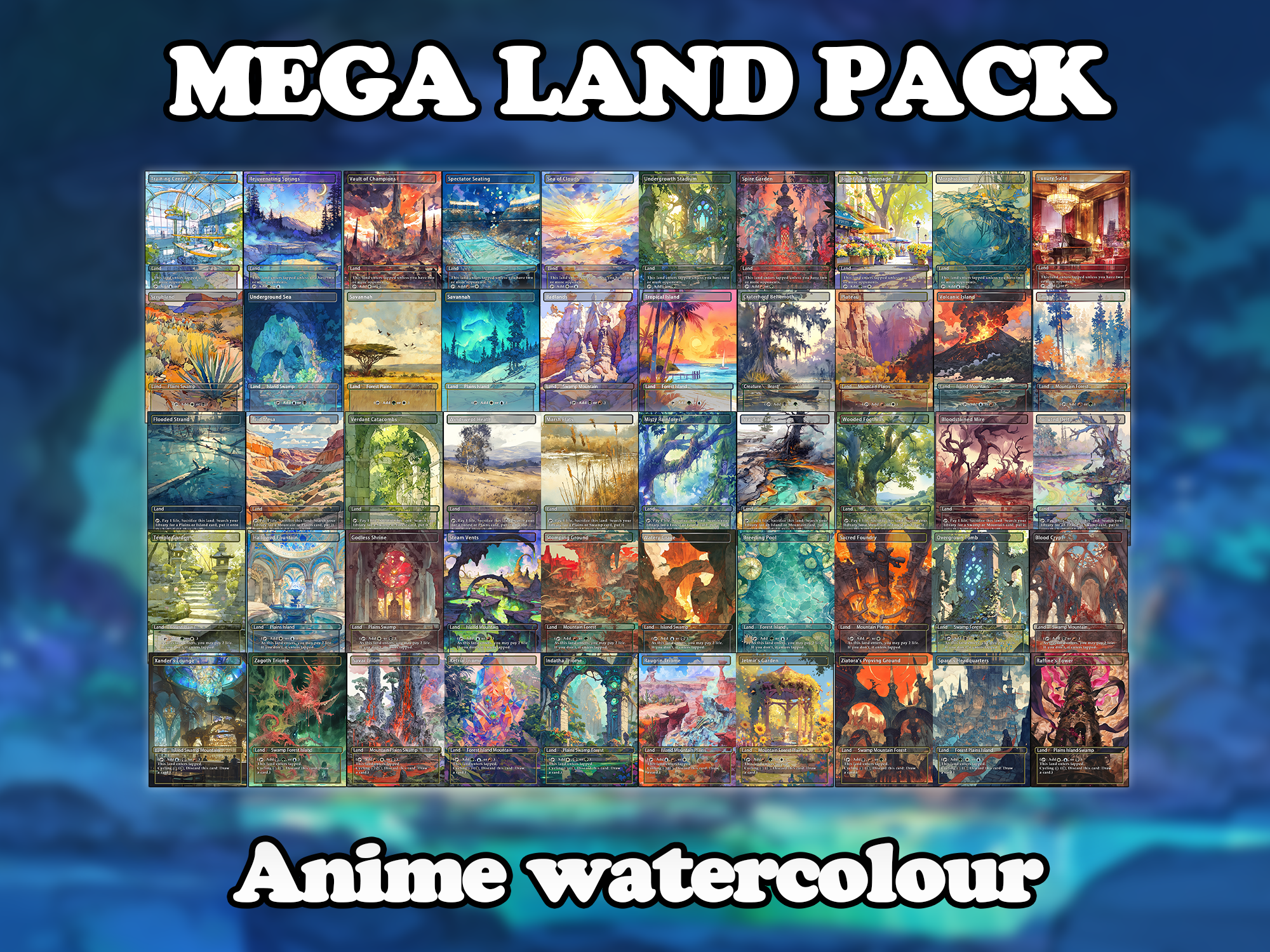 Mega EDH land pack (50+ cards) Anime watercolour lands set of 50 unique borderless custom proxy lands High quality lands for EDH or cEDH