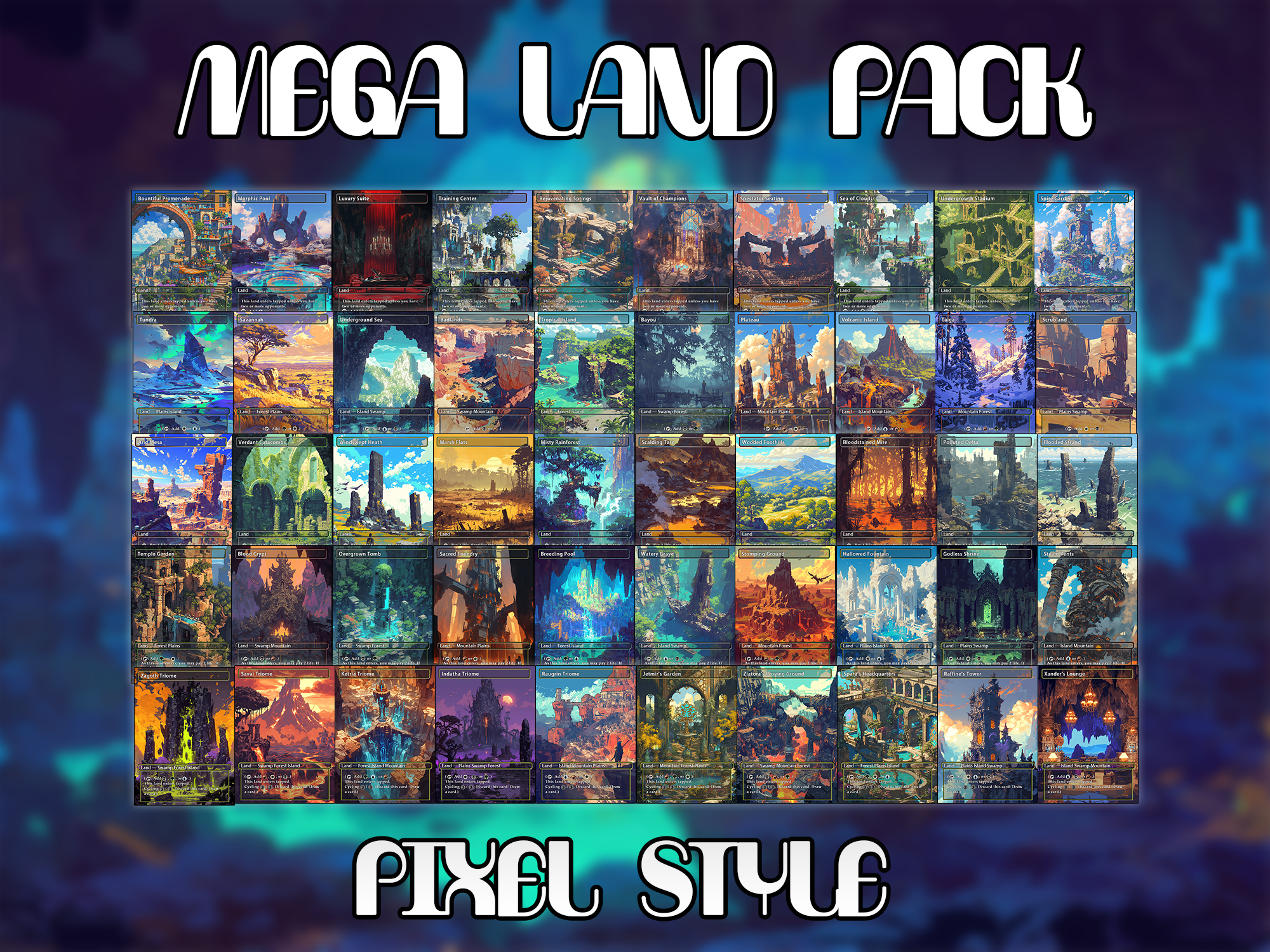 Mega EDH land pack pixel style lands set of 50 unique borderless custom proxy lands High quality lands for EDH or cEDH