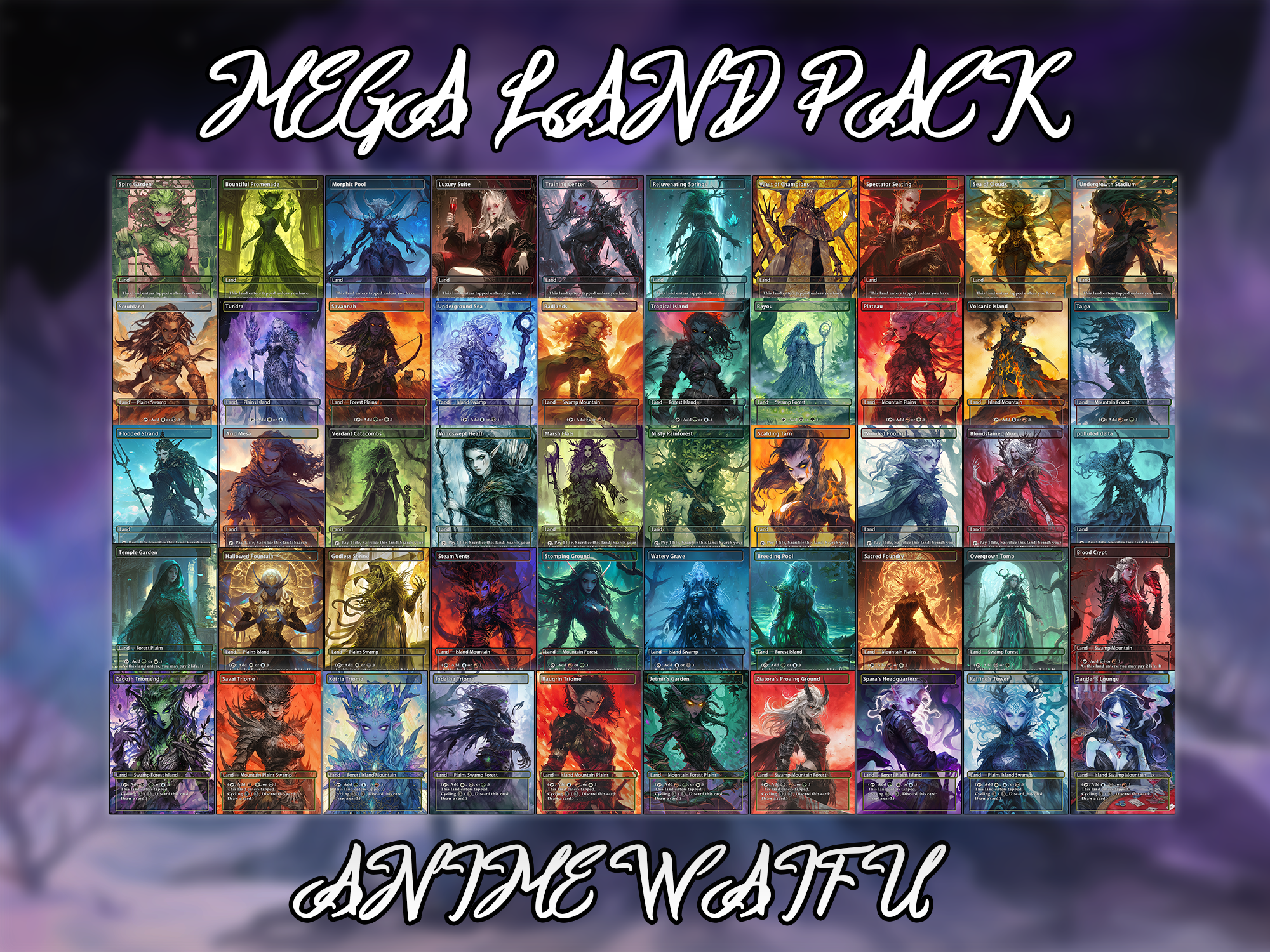 Mega EDH land pack Anime waifu lands set of 50 unique borderless custom proxy lands High quality lands for EDH or cEDH