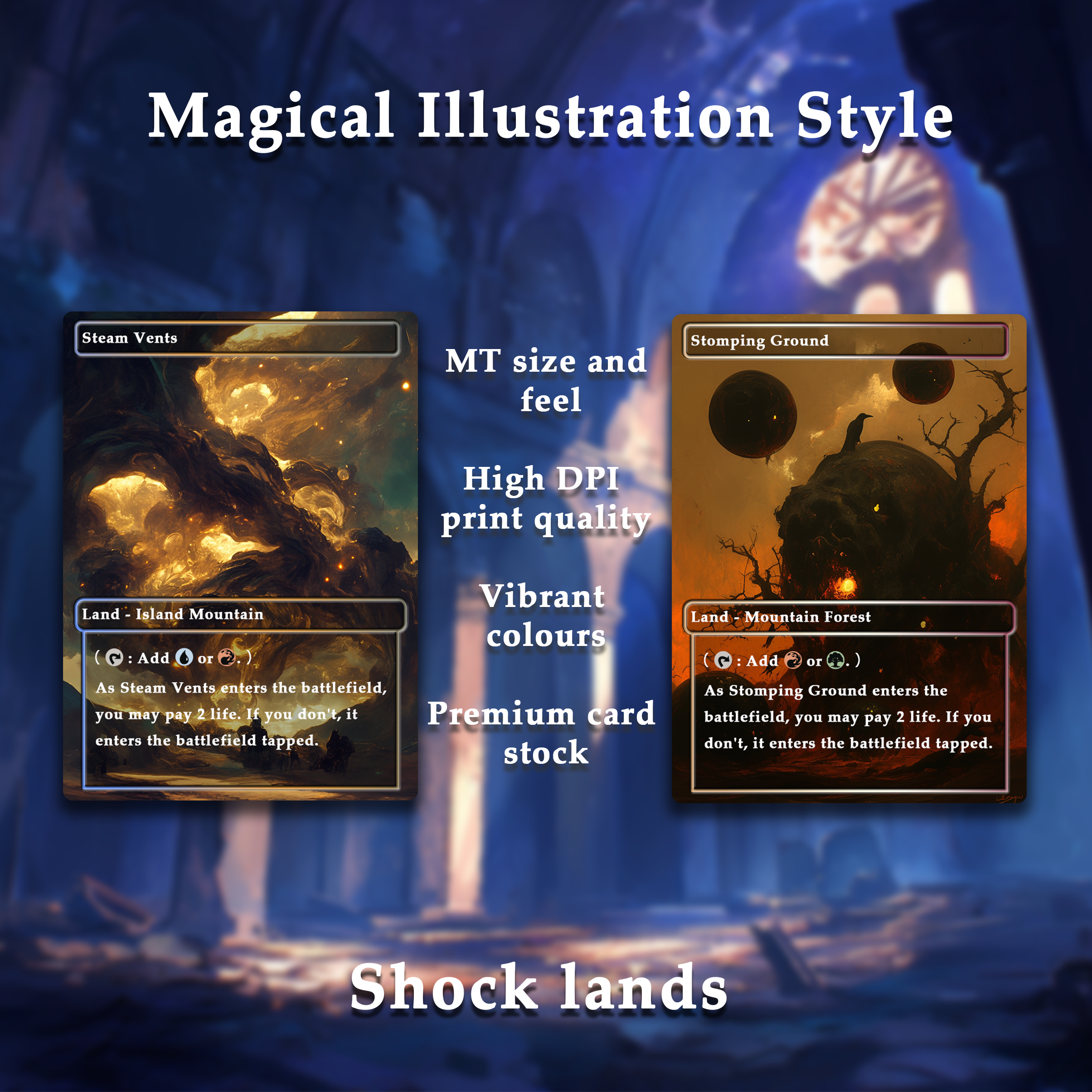 Mega EDH land pack Magical Illustration Style shock lands set of 10 unique borderless custom proxy lands High quality lands for EDH or cEDH