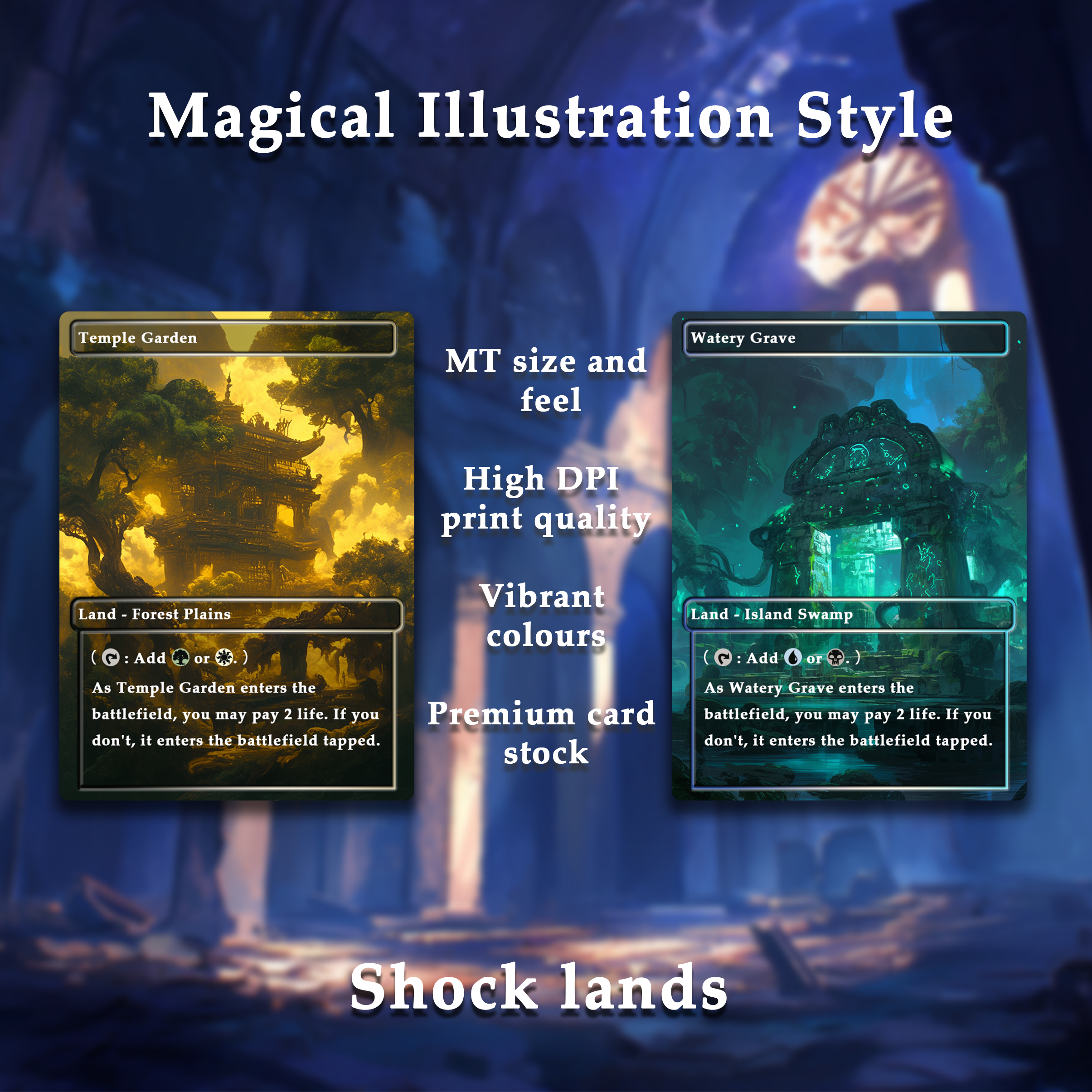 Mega EDH land pack Magical Illustration Style shock lands set of 10 unique borderless custom proxy lands High quality lands for EDH or cEDH