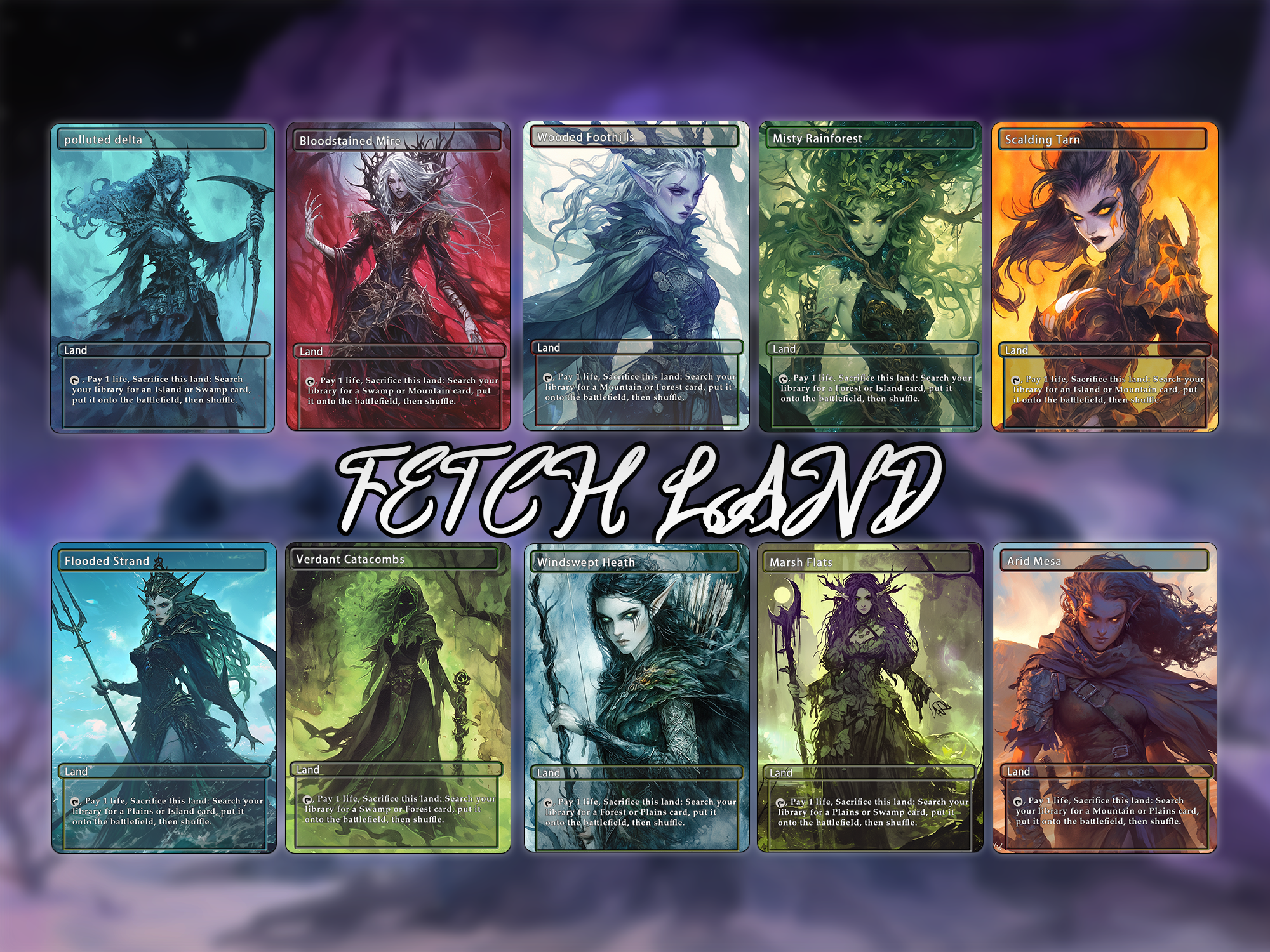 Fetch land pack (10 cards) Anime waifu lands set of 10 unique borderless custom proxy lands High quality lands for EDH or cEDH