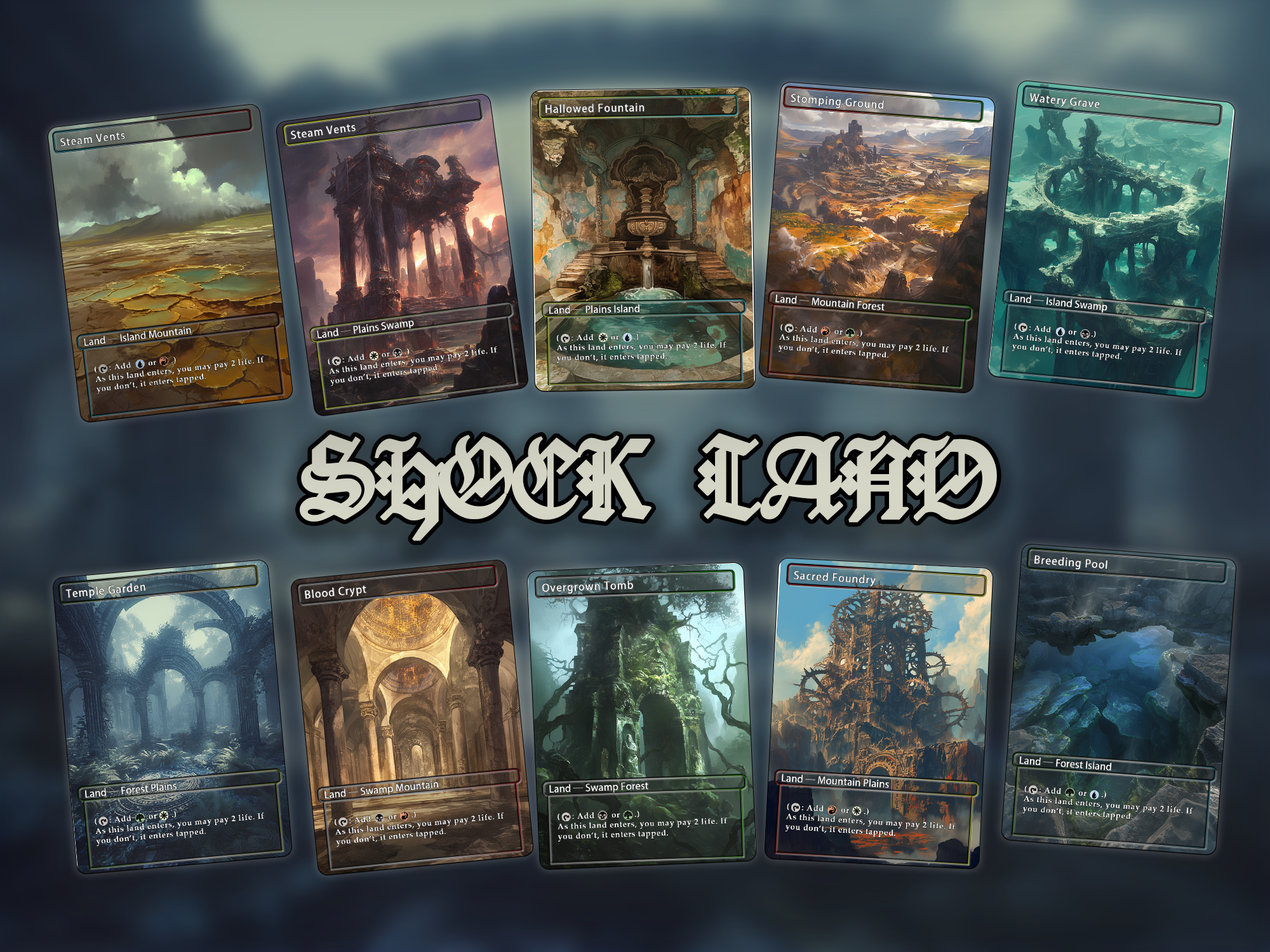 Shock land pack (10+ cards) Anime watercolour lands set of 10+ unique borderless custom proxy lands High quality lands for EDH or cEDH