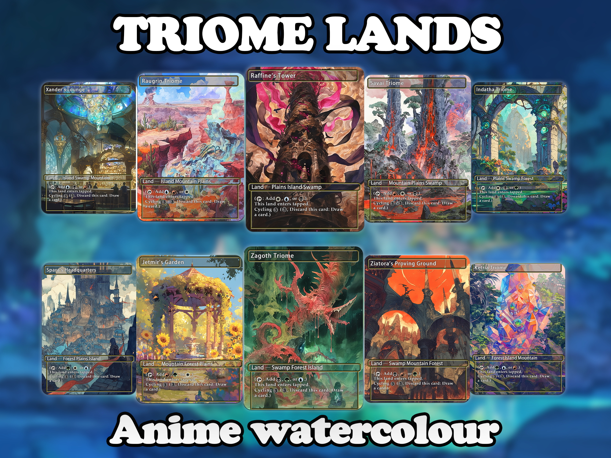 Triome land pack (10 cards) Anime watercolour lands set of 10 unique borderless custom proxy lands High quality lands for EDH or cEDH