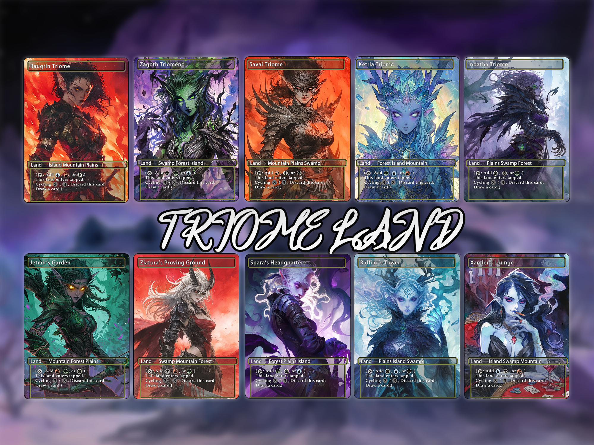 Triome land pack (10 cards) Anime waifu lands set of 10 unique borderless custom proxy lands High quality lands for EDH or cEDH