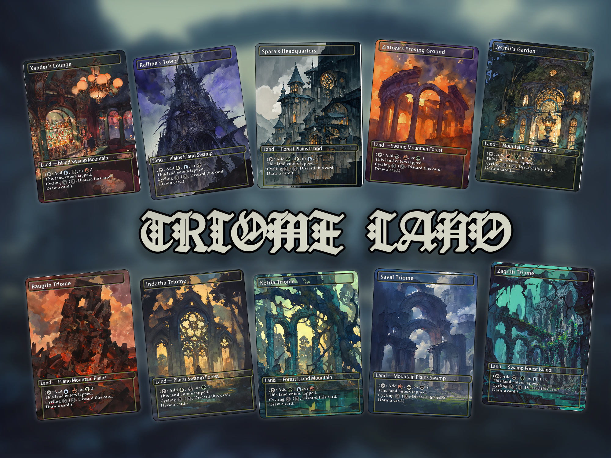 Triome land pack (10+ cards) Anime watercolour lands set of 10+ unique borderless custom proxy lands High quality lands for EDH or cEDH