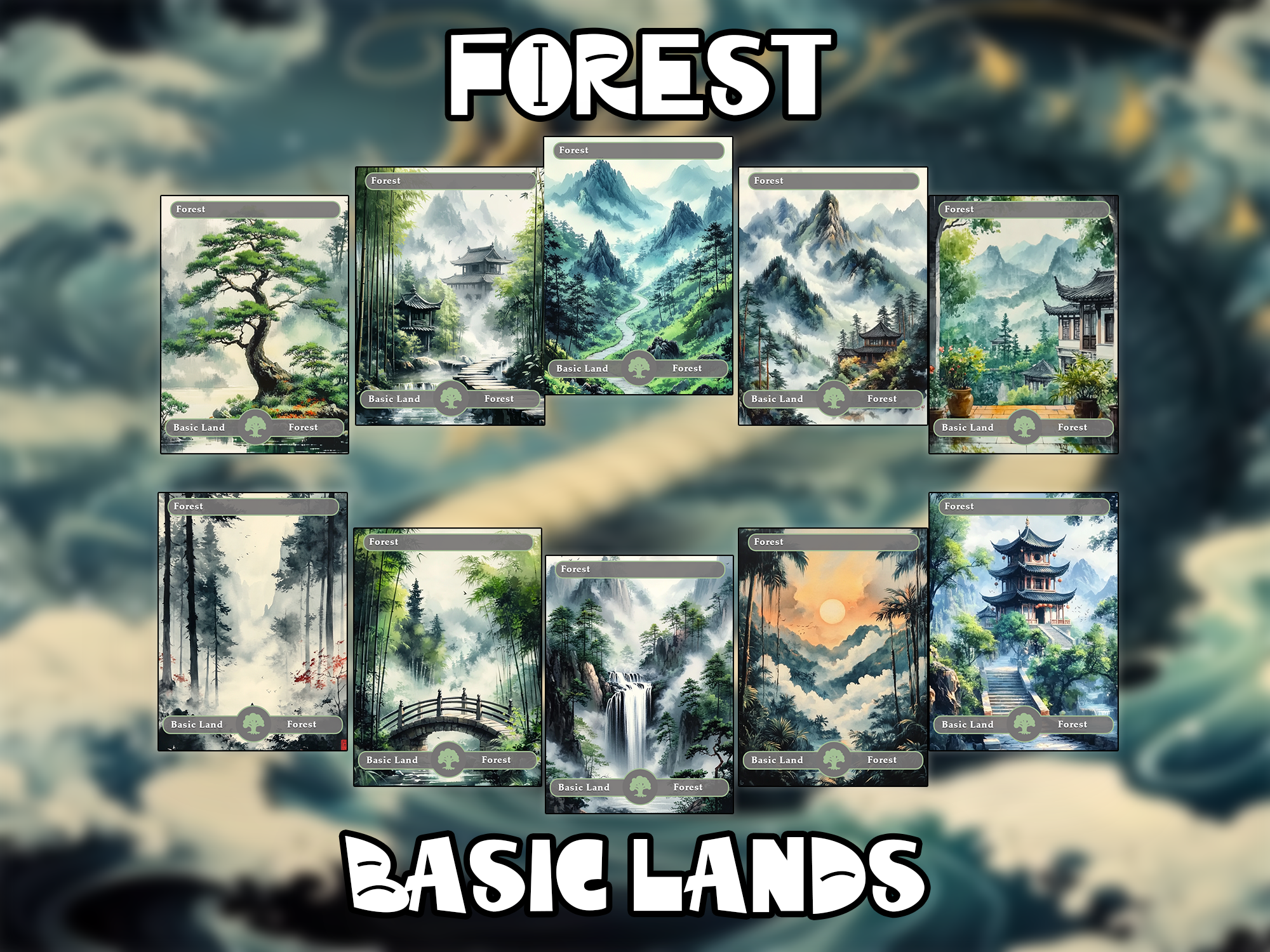 10 Basic Lands Proxy, Forest Proxy, Custom Magic Cards for Commander EDH, Ancient Chinese Ink Style
