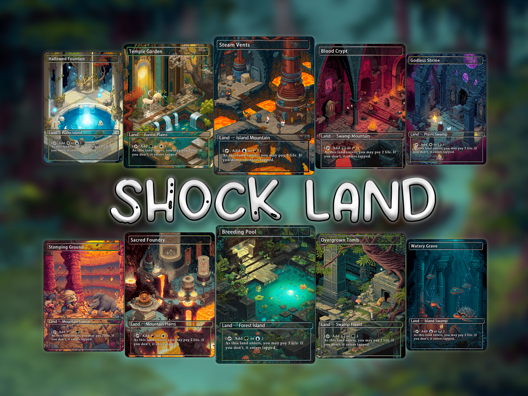 Shock land pack pixel style lands set of 10 unique borderless custom proxy lands High quality lands for EDH or cEDH