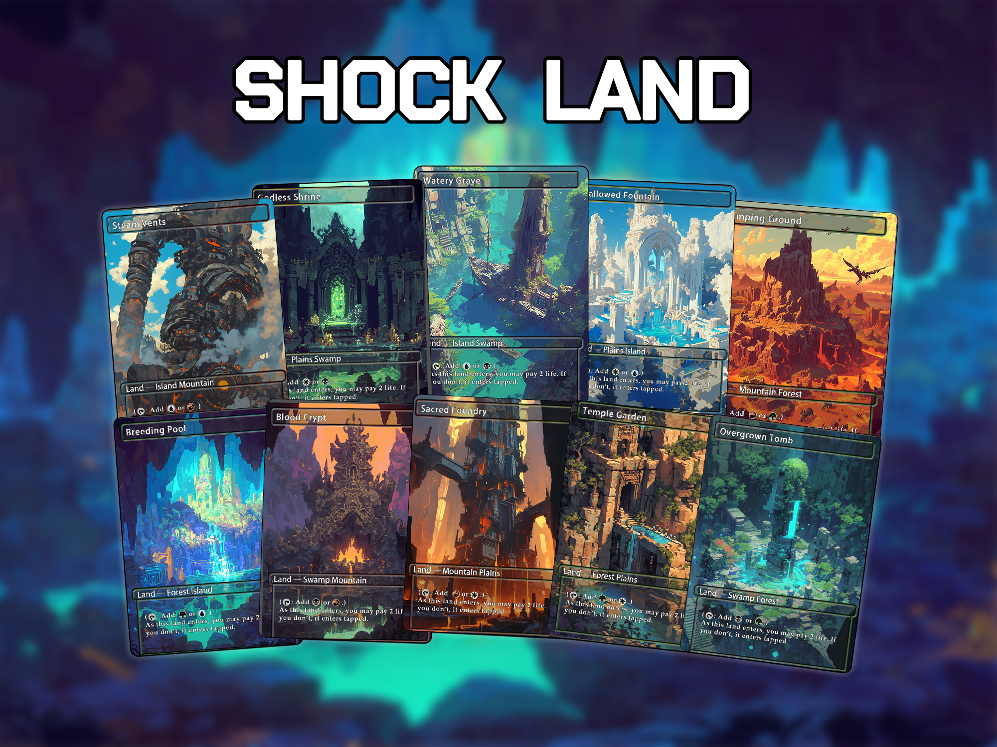 Shock land pack watercolor style lands set of 10 unique borderless custom proxy lands High quality lands for EDH or cEDH