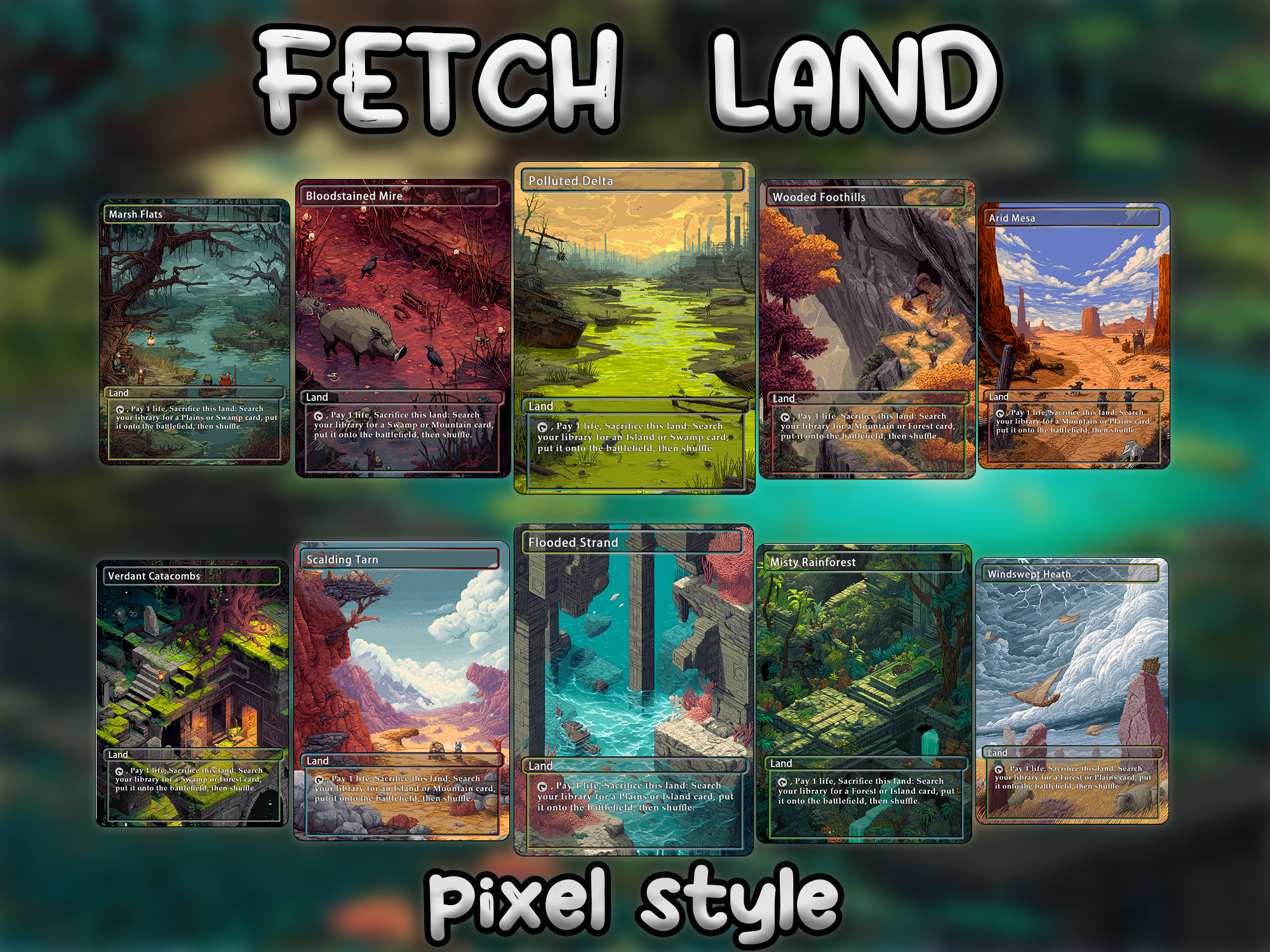 Fetch land pack pixel style lands set of 10 unique borderless custom proxy lands High quality lands for EDH or cEDH