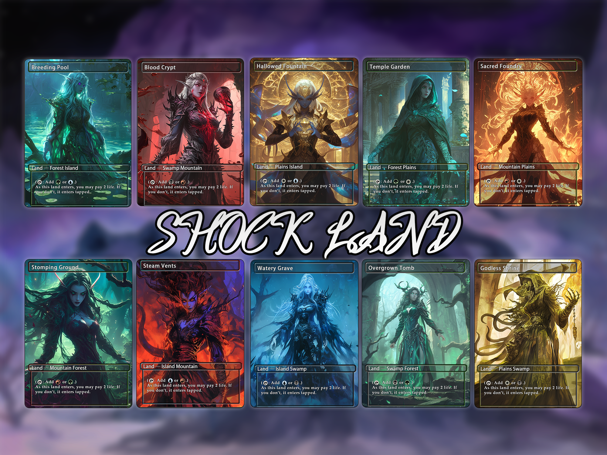 Shock land pack (10 cards) Anime waifu lands set of 10 unique borderless custom proxy lands High quality lands for EDH or cEDH